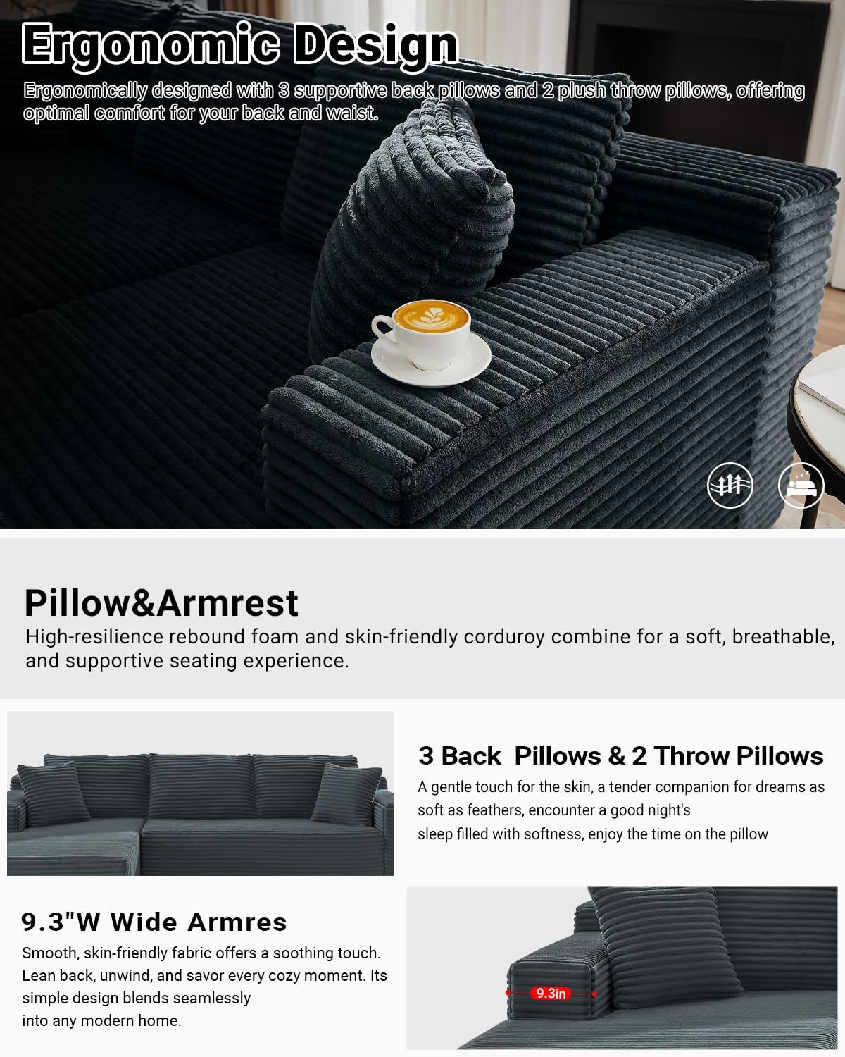 HANXIN Cloud Sectional Sofa L Shape Chaise Deep Seat Modular Living Room Couch