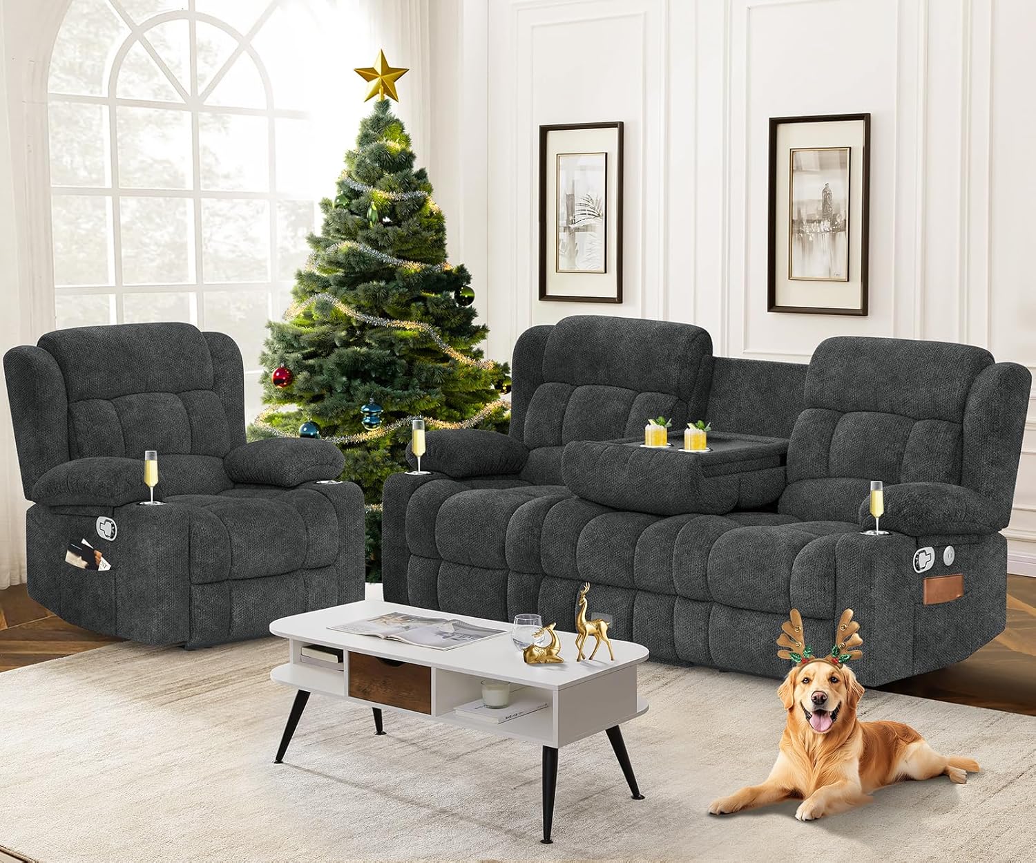 Dresegmt Loveseat Recliner Sofa 3 Seat Flip Backrest with Storage USB Cup Holders