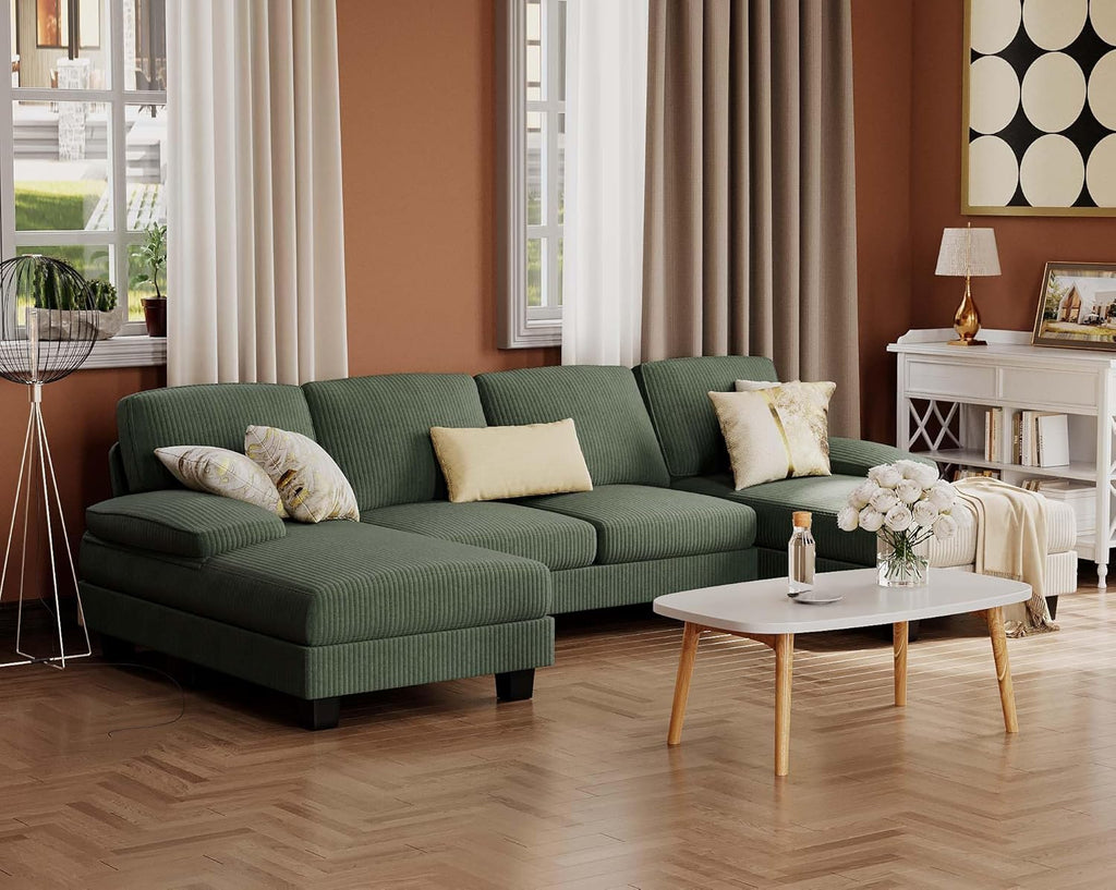 Furmax U-Shaped Sectional Sofa Couch 4 Seat Linen Fabric Double Chaise
