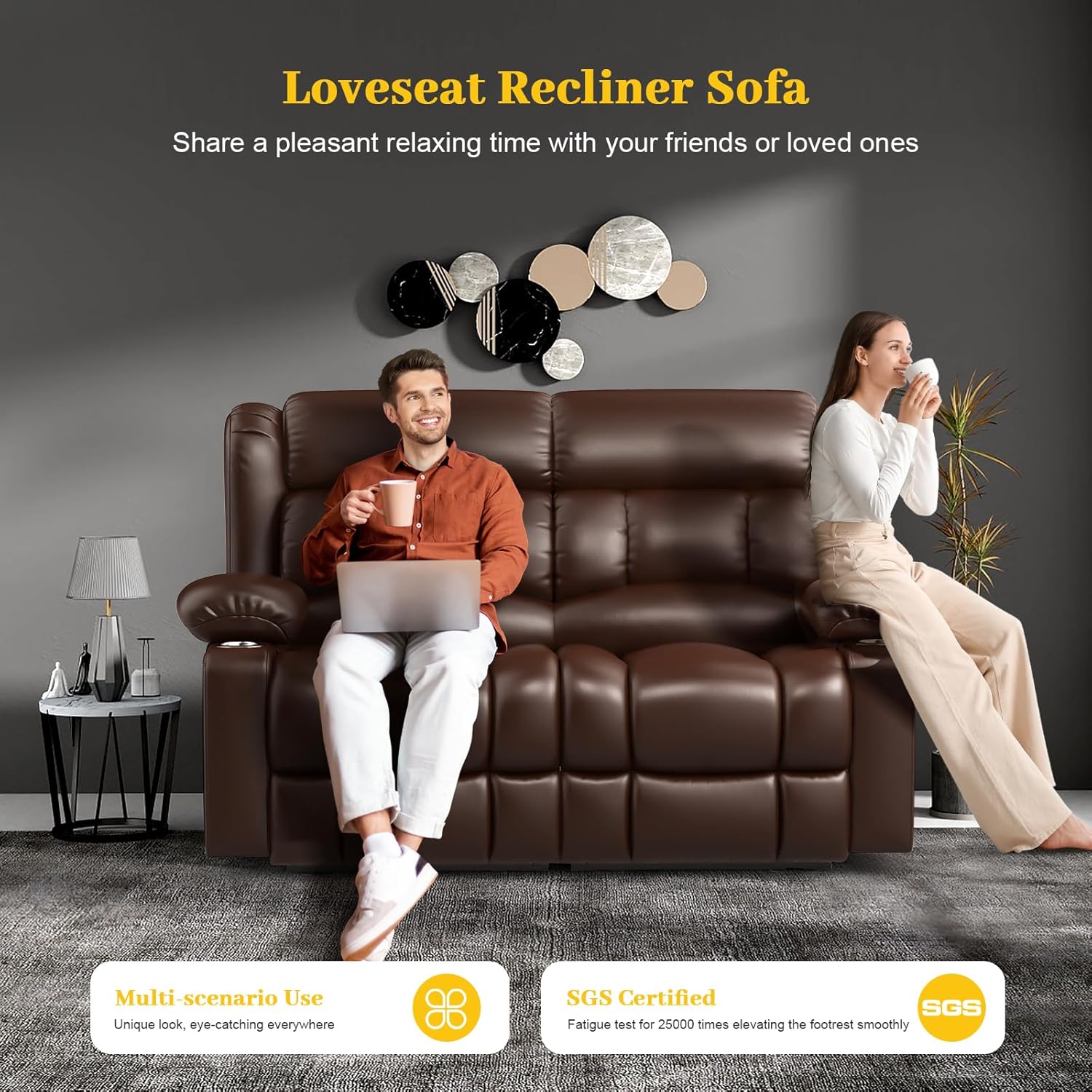 FURNIMAT Loveseat Recliner Sofa 2 Seater PU Leather Couch with USB Cup Holders