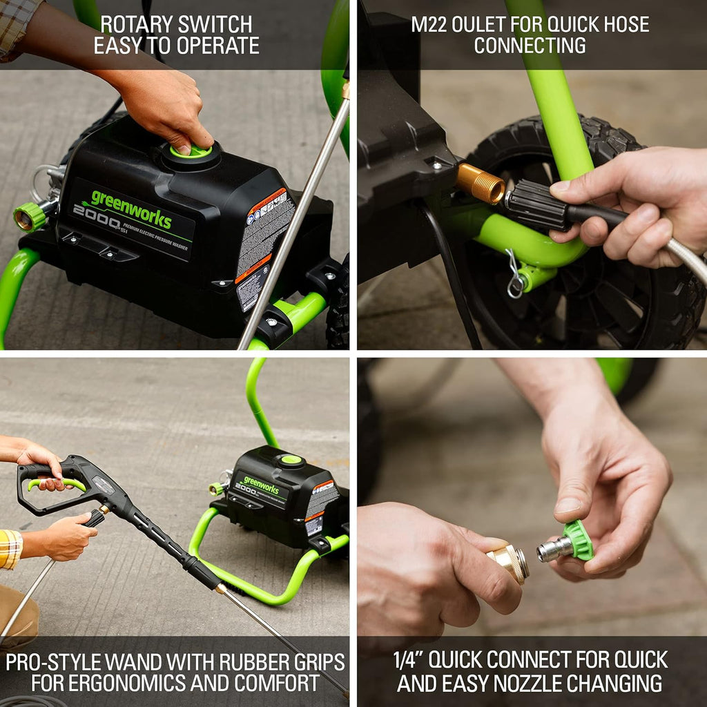 Greenworks 2000 PSI Electric Pressure Washer 13 Amp with Wheels 20 FT Hose 35 FT Cord