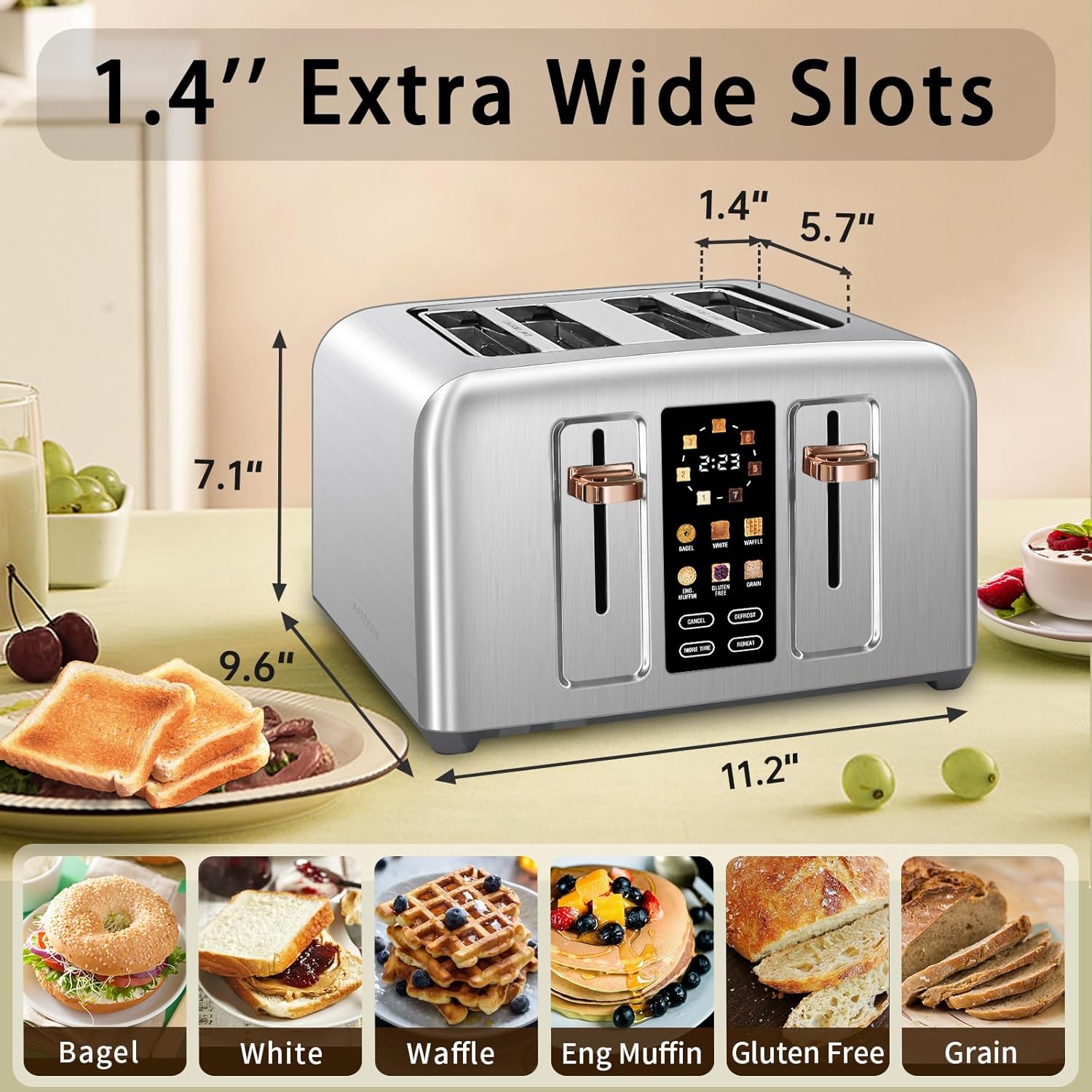 SEEDEEM 4 Slice Touch Screen Toaster LCD Display 7 Shade Settings Wide Slots 1800W