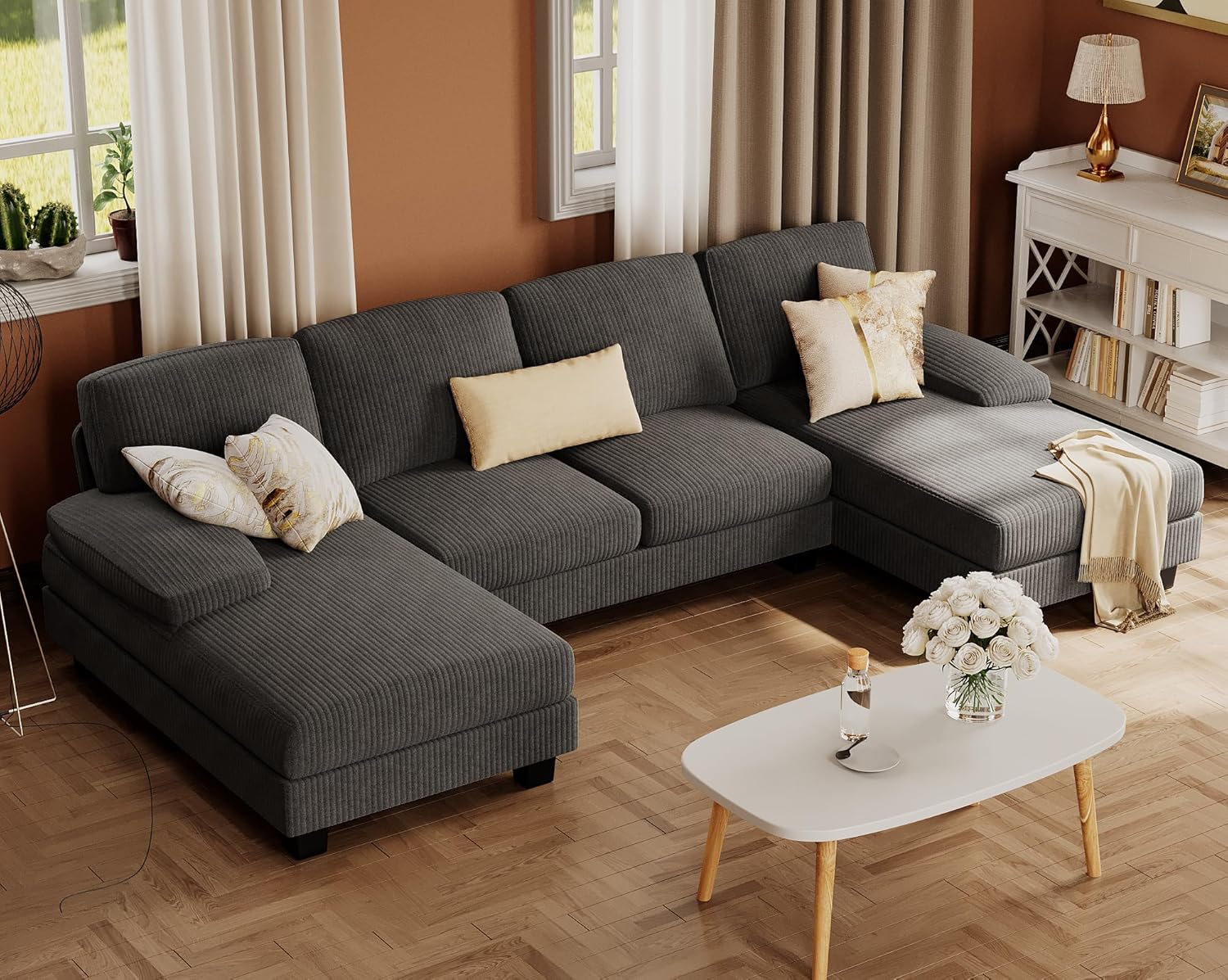 Furmax U-Shaped Sectional Sofa Couch 4 Seat Linen Fabric Double Chaise