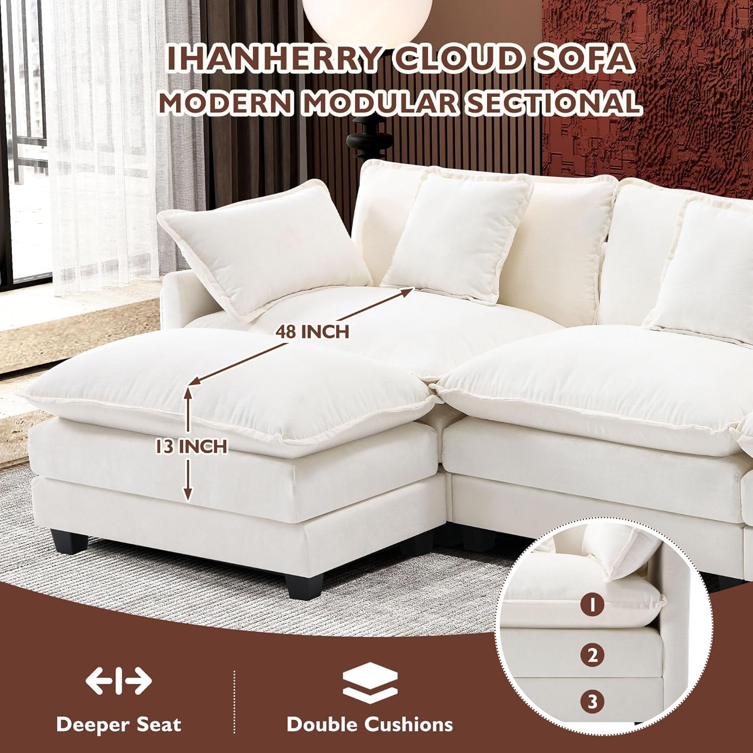 Ihanherry U Shaped Modular Cloud Sofa 5 Seat Chenille Sectional with Ottoman