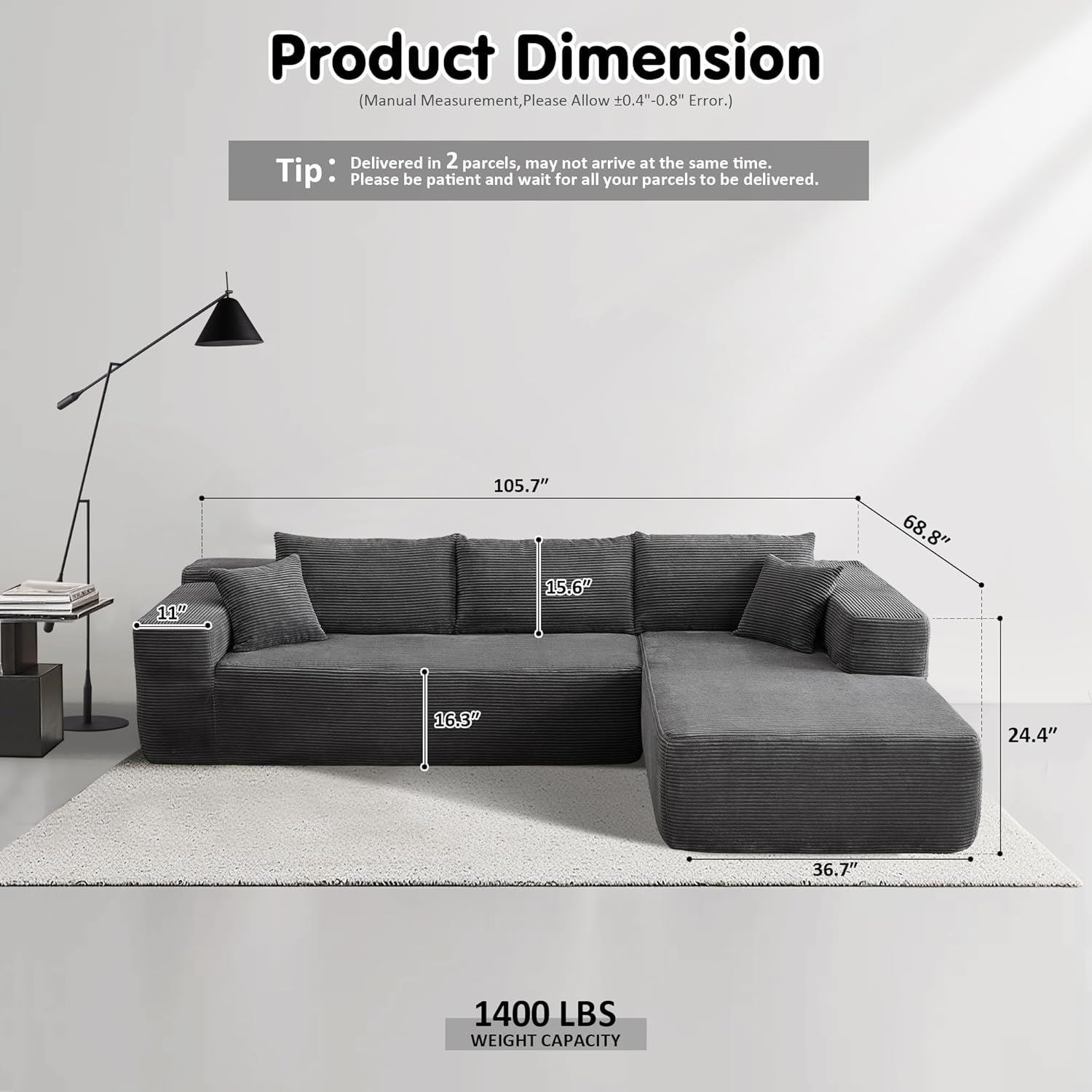 ovios Cloud Sectional Couch with L Shape Chaise Modern Modular Sofa