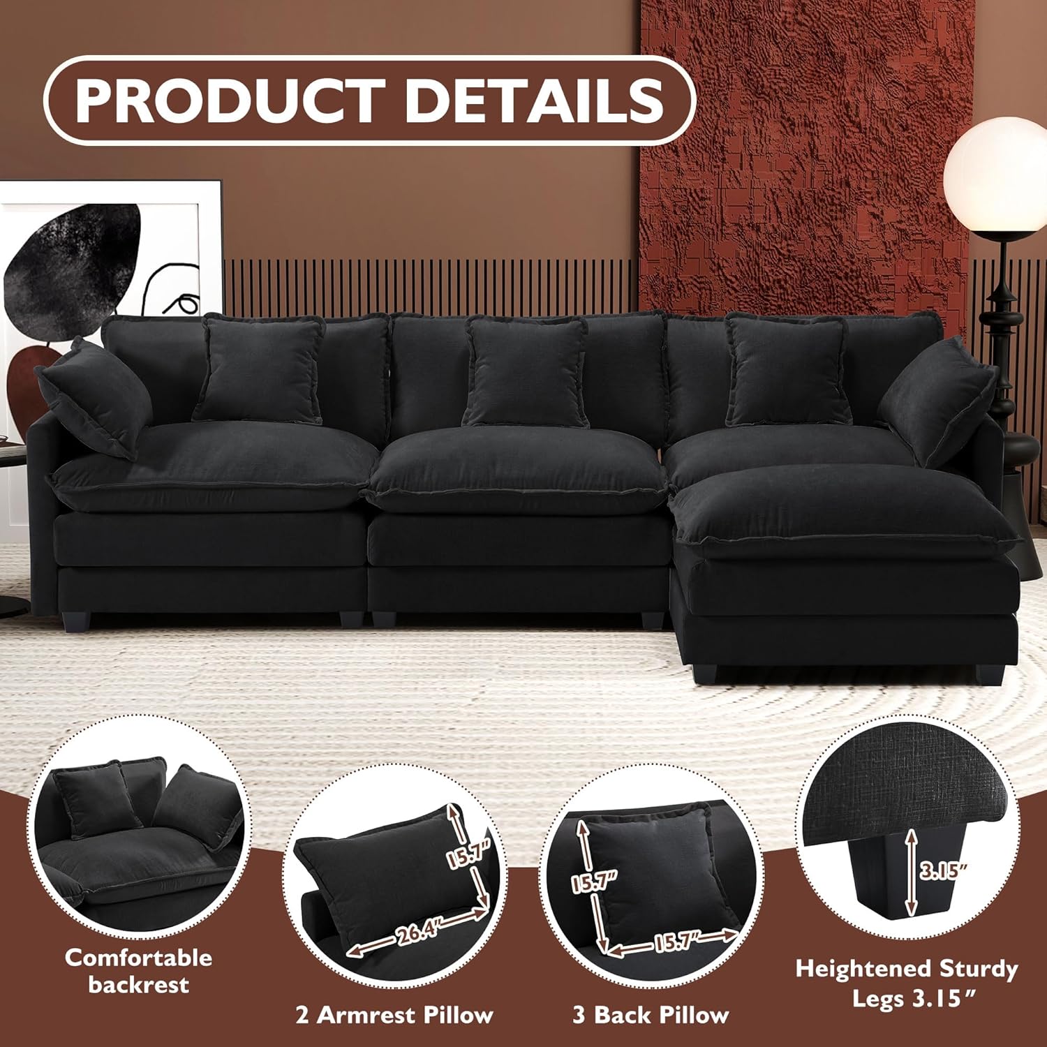 Ihanherry U Shaped Modular Cloud Sofa 5 Seat Chenille Sectional with Ottoman