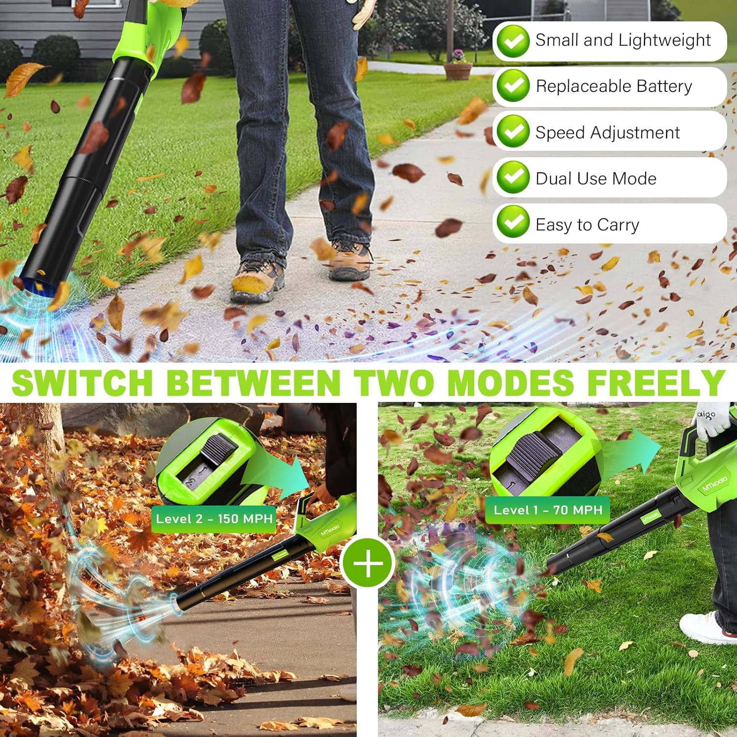 MTKOALA Cordless Leaf Blower 2 Batteries Fast Charger 450CFM 150MPH Lightweight
