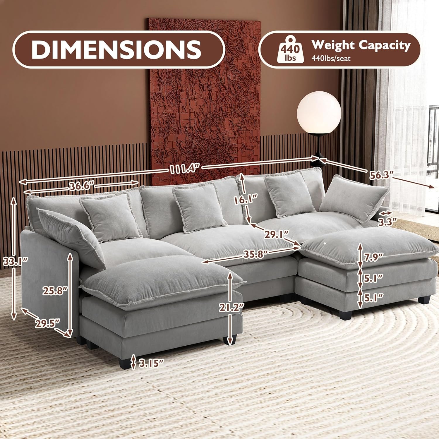 Ihanherry U Shaped Modular Cloud Sofa 5 Seat Chenille Sectional with Ottoman