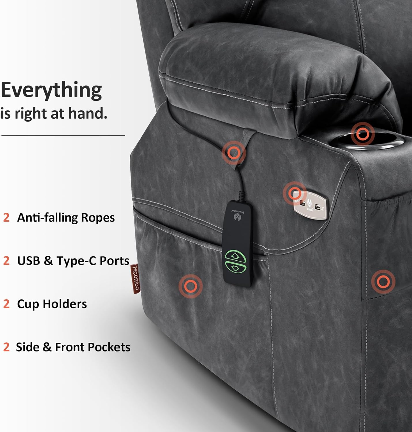 MCombo Electric Power Lift Recliner Massage Heat Chair for Elderly 3 Positions 2 Pockets USB