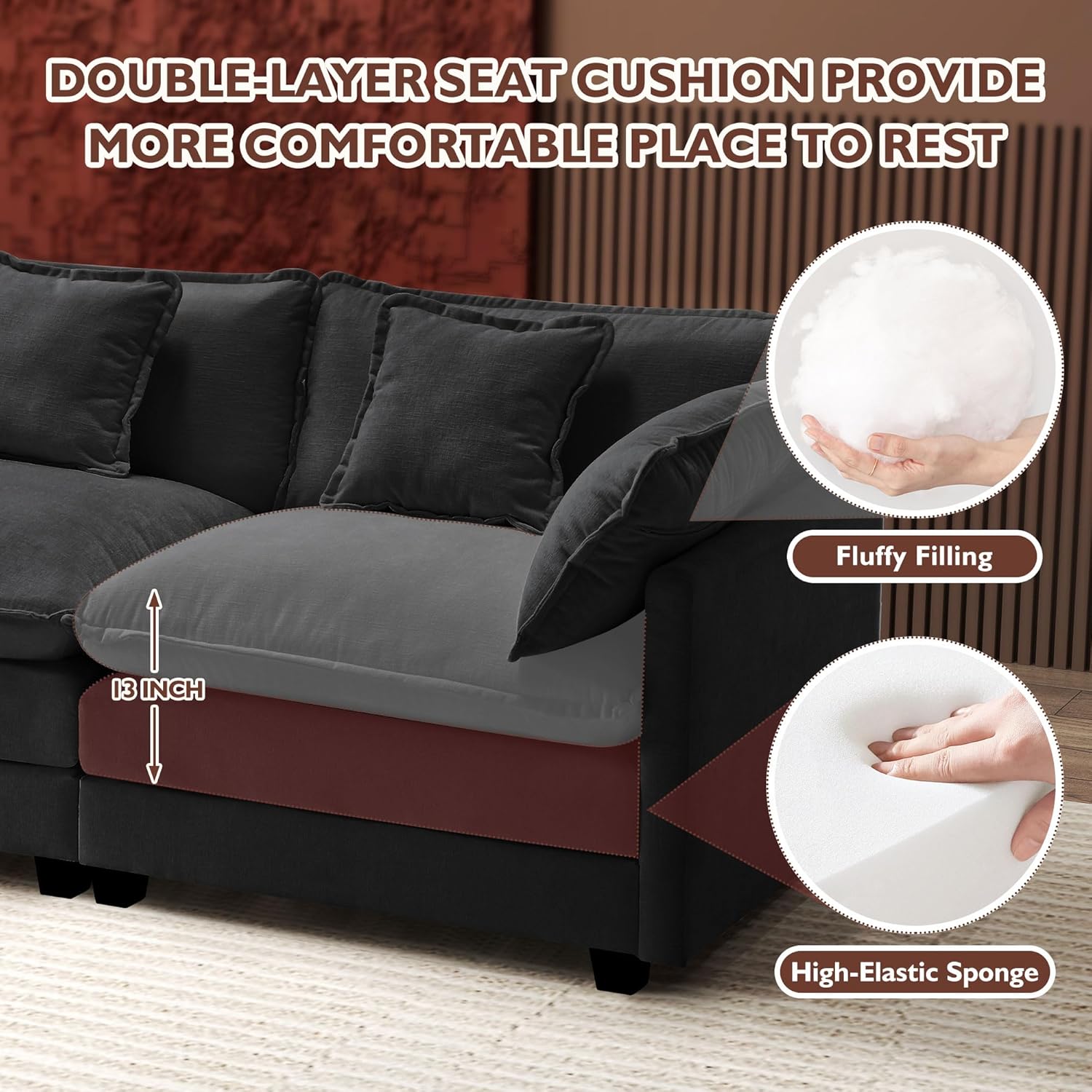 Ihanherry U Shaped Modular Cloud Sofa 5 Seat Chenille Sectional with Ottoman