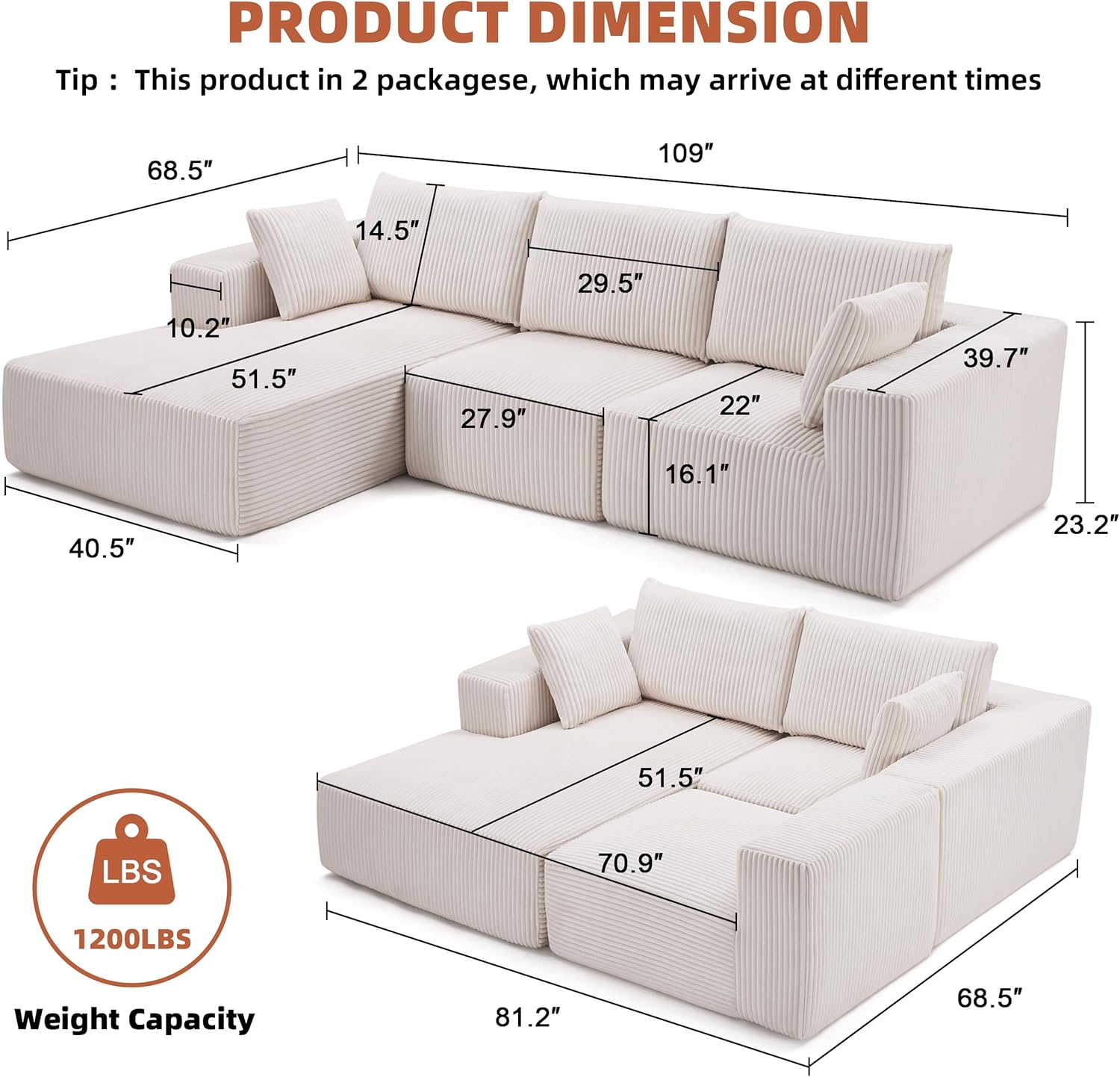 Weture 108" Modular Sectional Sofa Deep Seat Cloud L-Shape Couch with Chaise