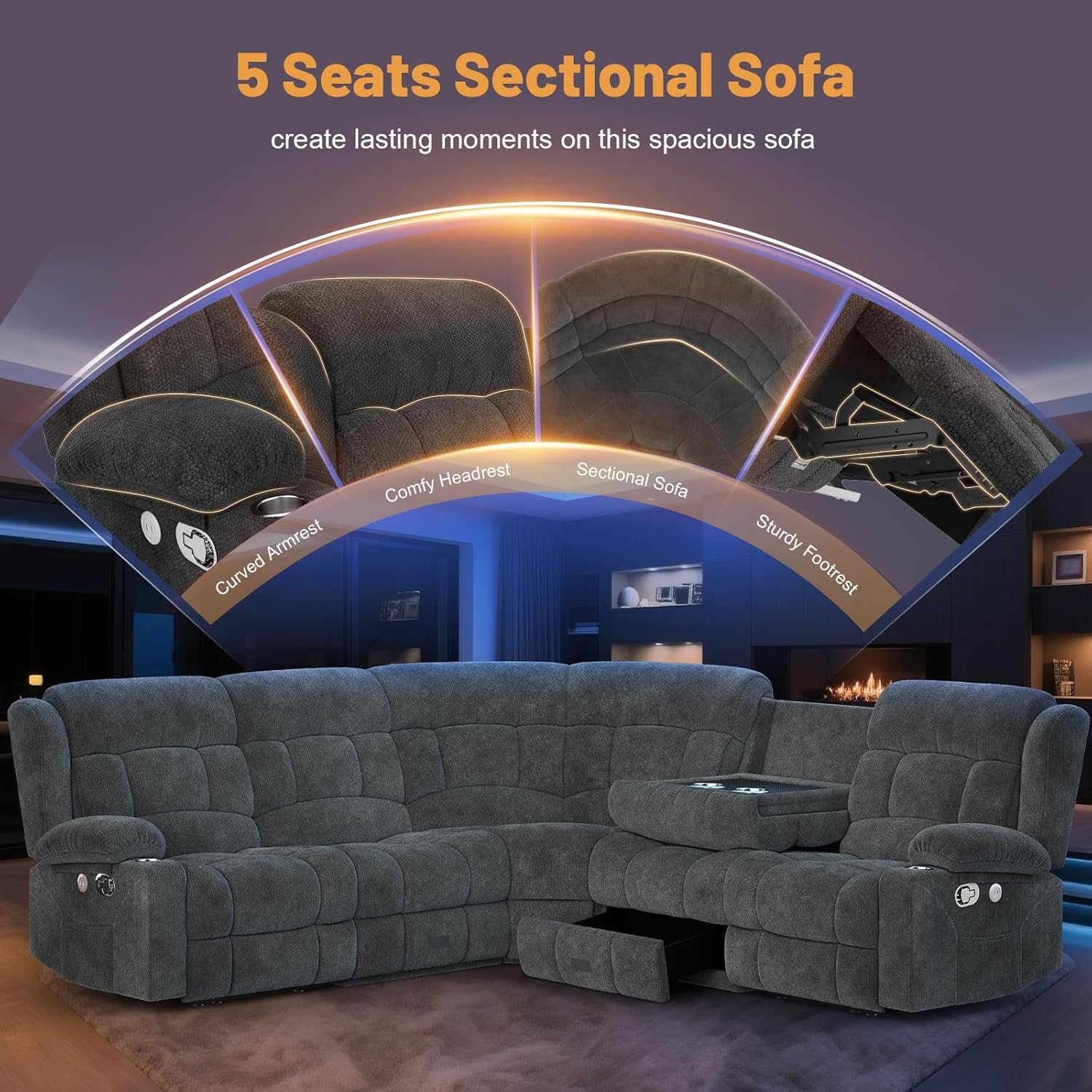 Dresegmt Loveseat Recliner Sofa 3 Seat Flip Backrest with Storage USB Cup Holders