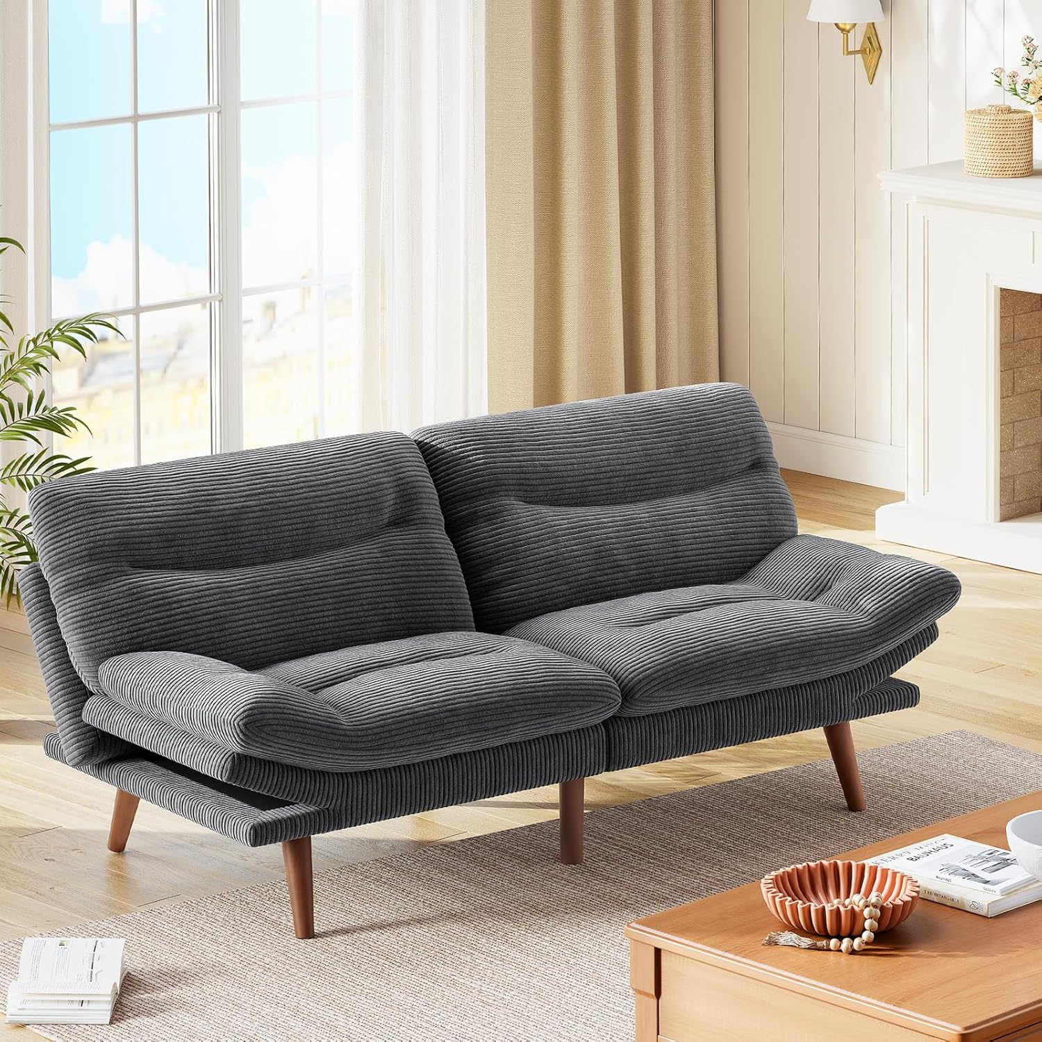 Marsail Futon Sofa Bed Convertible Corduroy Loveseat with Adjustable Backrest