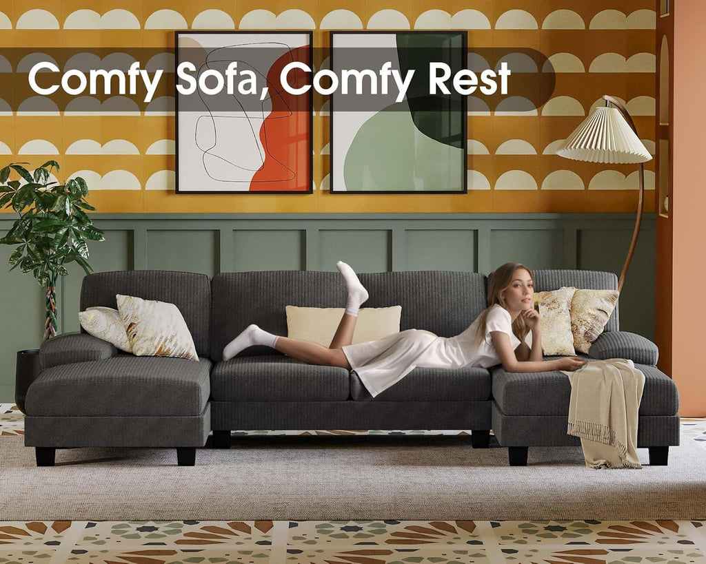 Furmax U-Shaped Sectional Sofa Couch 4 Seat Linen Fabric Double Chaise