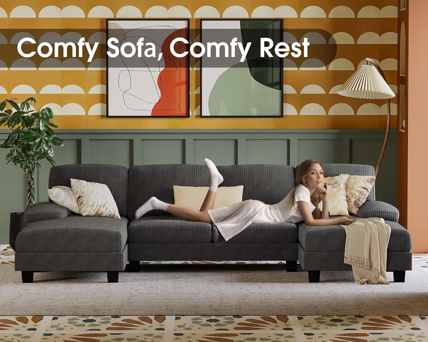 Furmax U-Shaped Sectional Sofa Couch 4 Seat Linen Fabric Double Chaise