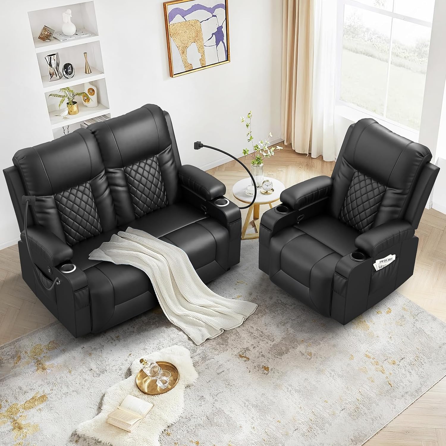 FURNIMAT Loveseat Recliner Sofa 2 Seater PU Leather Couch with USB Cup Holders