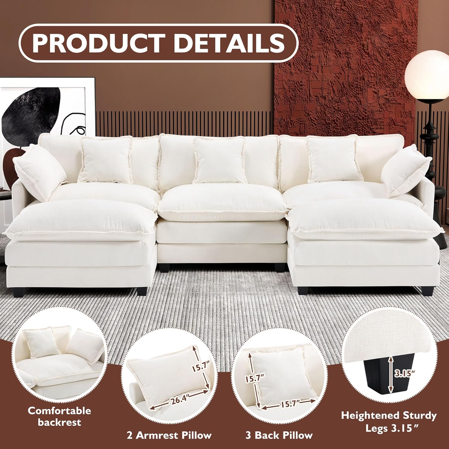 Ihanherry U Shaped Modular Cloud Sofa 5 Seat Chenille Sectional with Ottoman