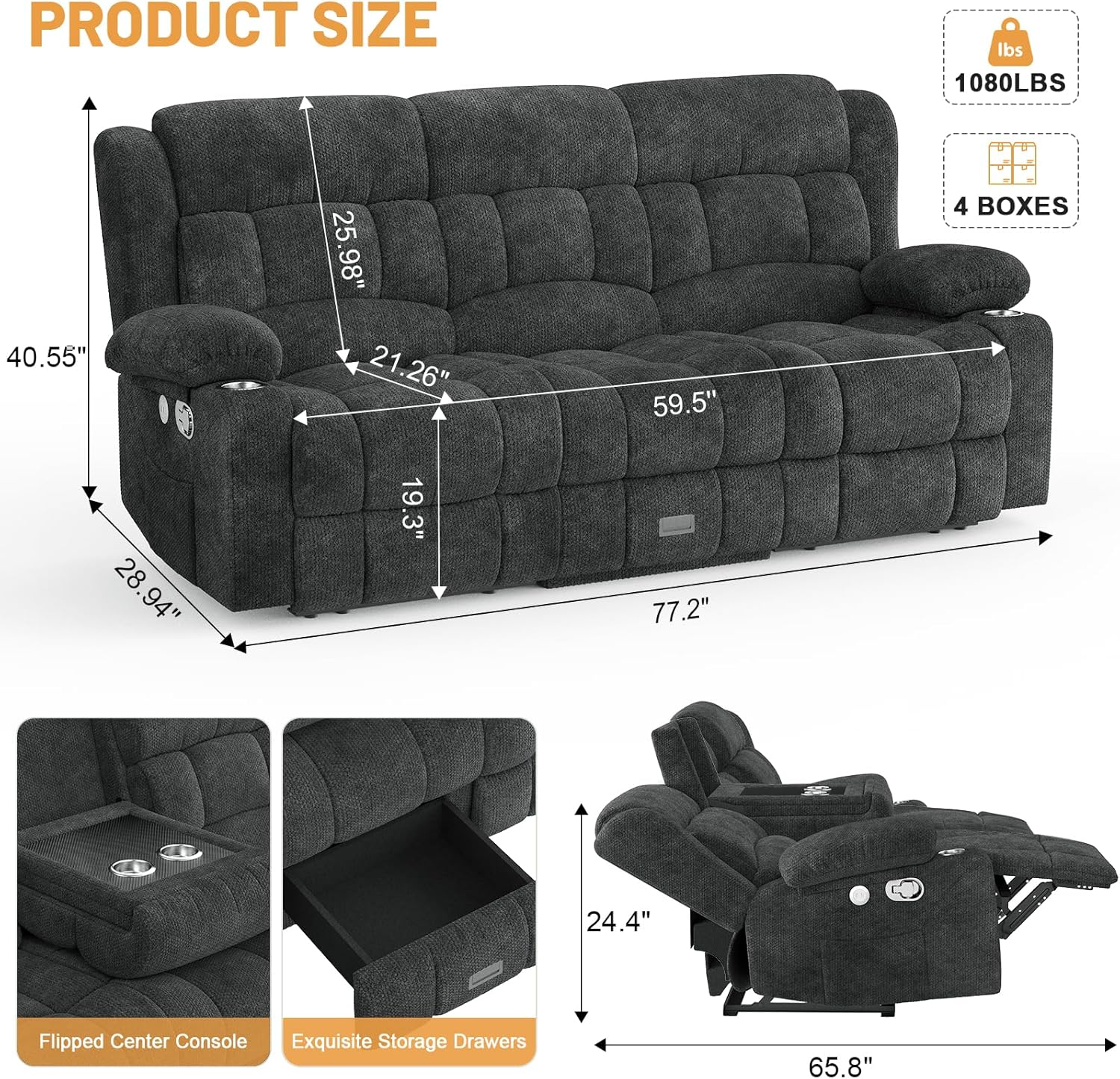 Dresegmt Loveseat Recliner Sofa 3 Seat Flip Backrest with Storage USB Cup Holders