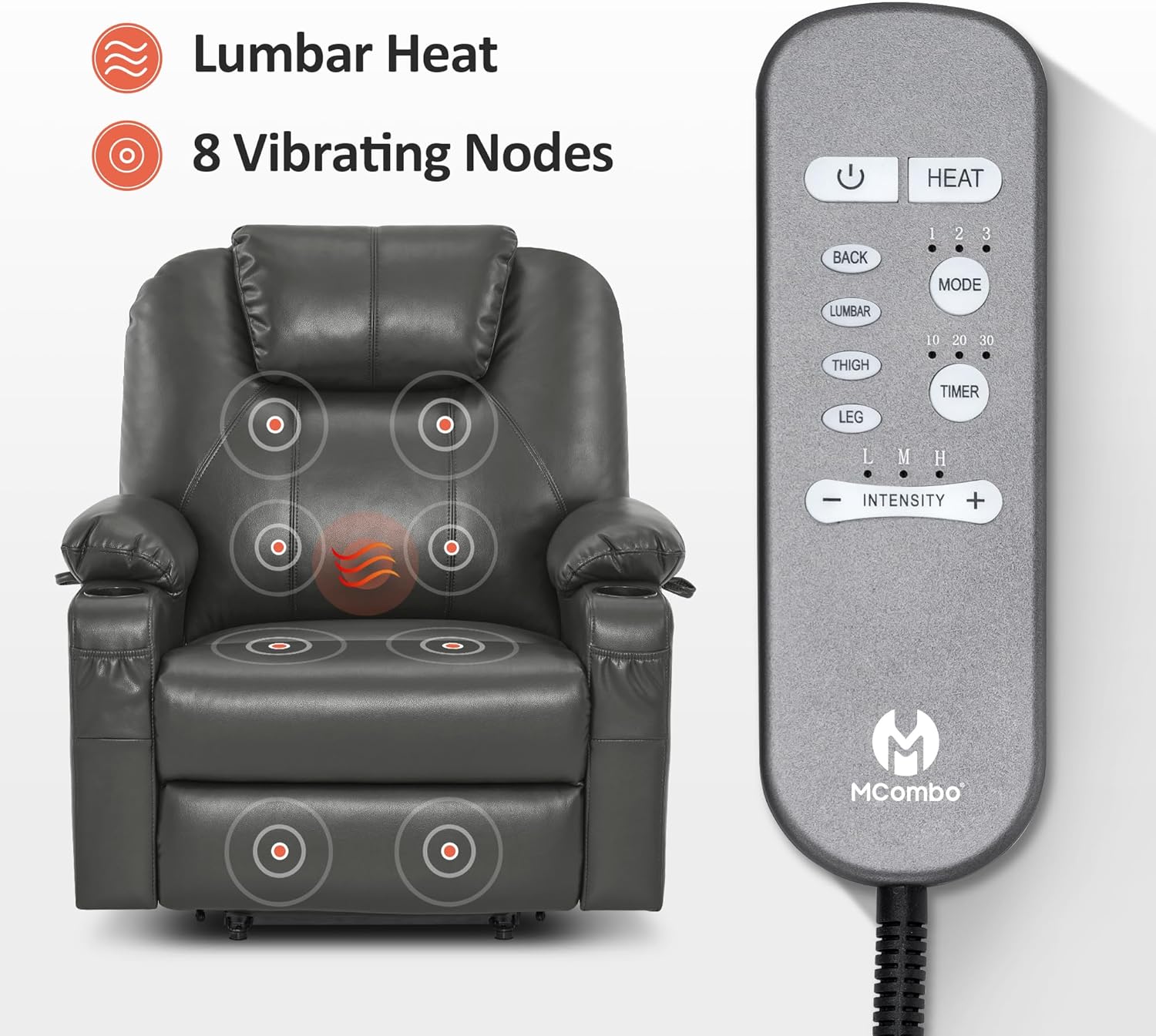 MCombo Electric Power Lift Recliner Massage Heat Chair for Elderly 3 Positions 2 Pockets USB