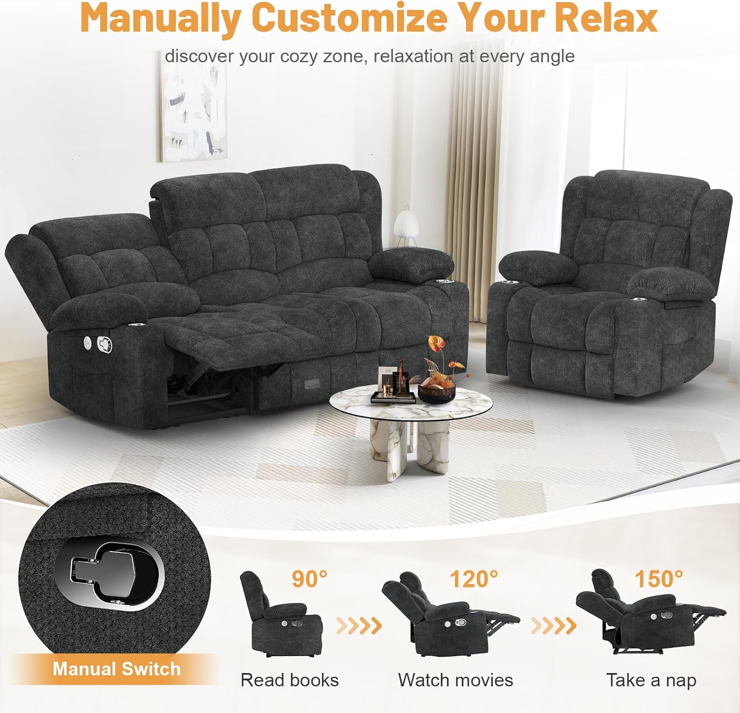 Dresegmt Loveseat Recliner Sofa 3 Seat Flip Backrest with Storage USB Cup Holders