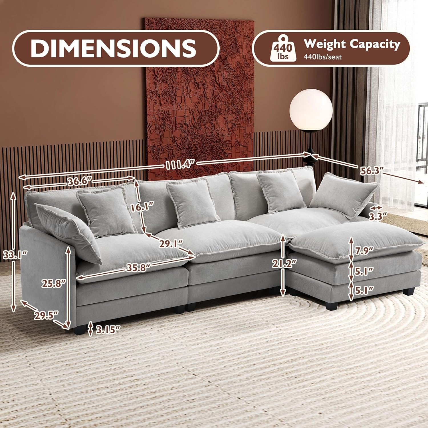 Ihanherry U Shaped Modular Cloud Sofa 5 Seat Chenille Sectional with Ottoman