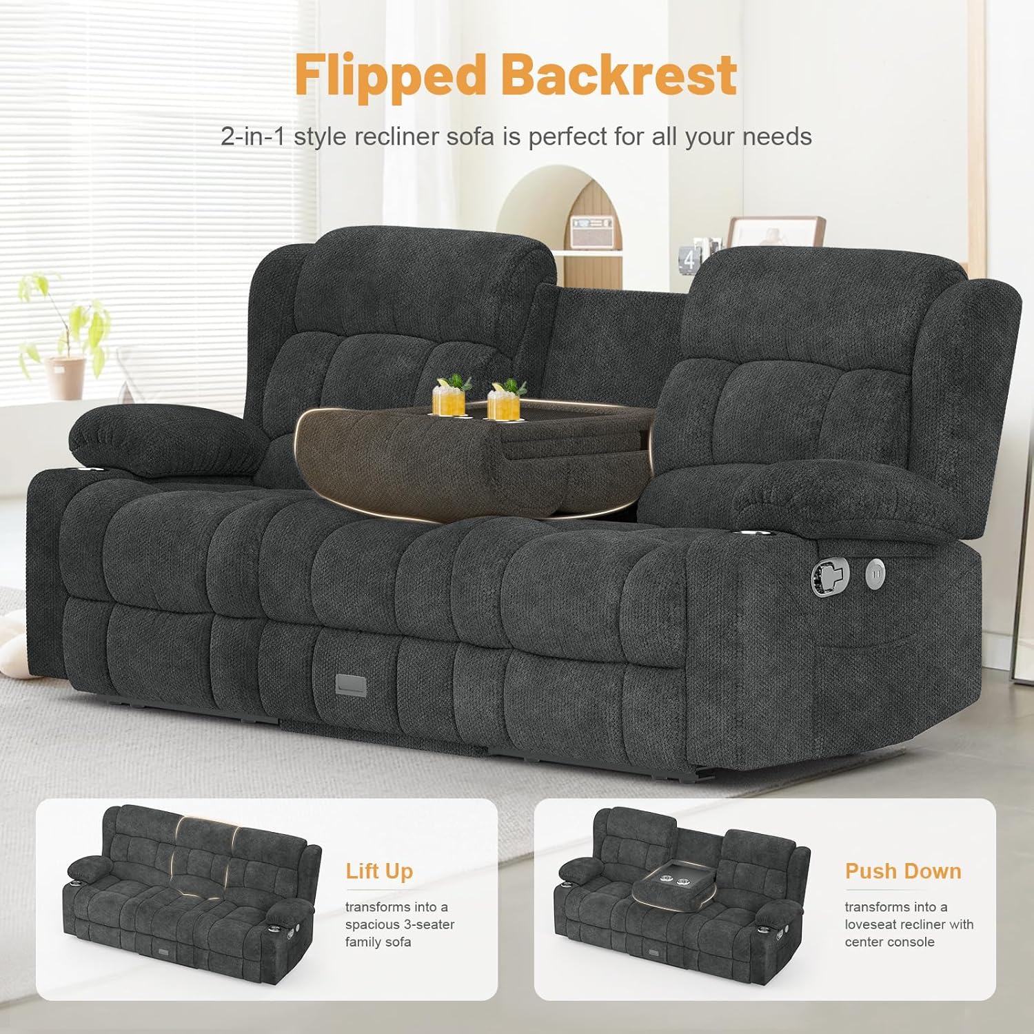 Dresegmt Loveseat Recliner Sofa 3 Seat Flip Backrest with Storage USB Cup Holders