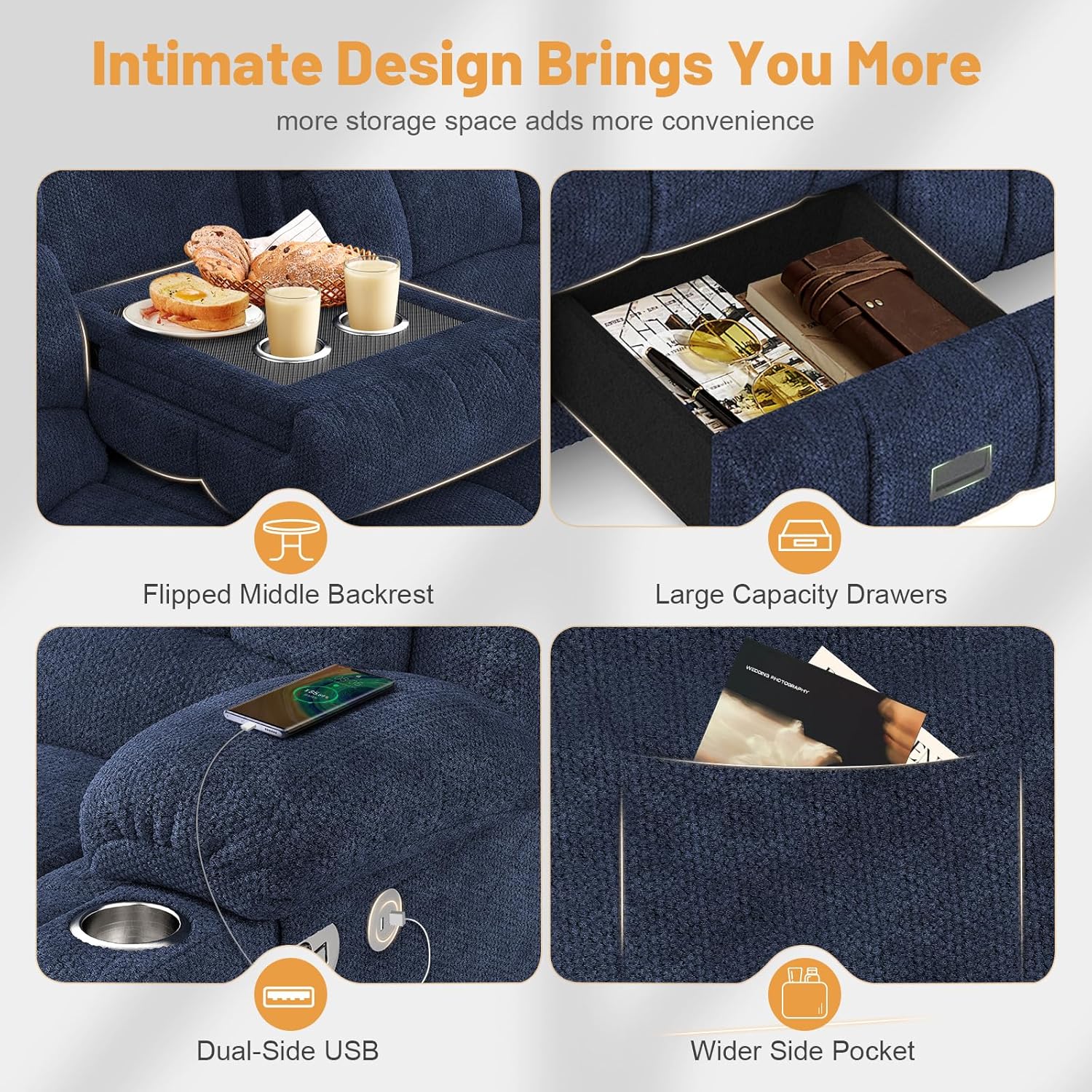 Dresegmt 3 Seat Loveseat Recliner Sofa Flip Middle Storage USB Ports Cup Holders