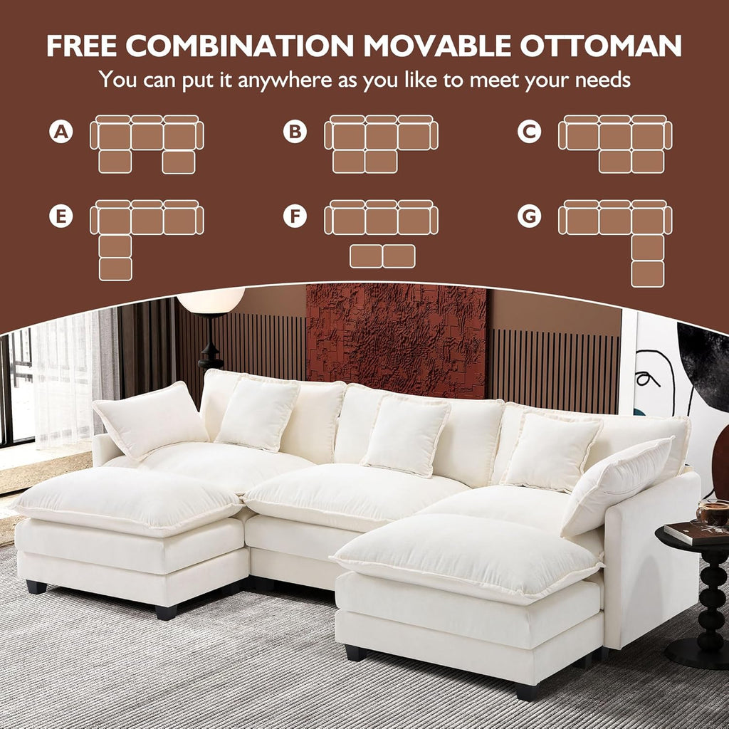 Ihanherry U Shaped Modular Cloud Sofa 5 Seat Chenille Sectional with Ottoman