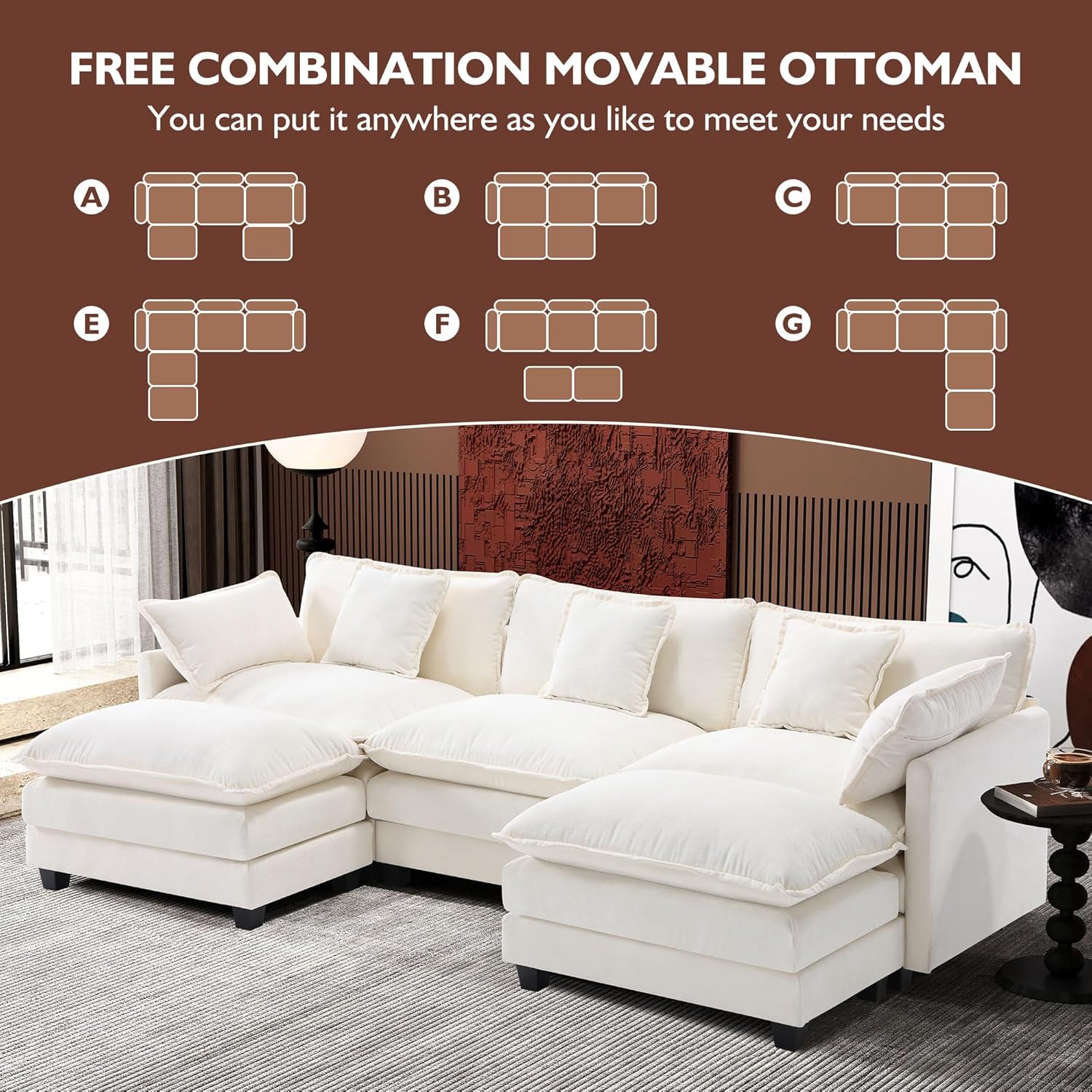 Ihanherry U Shaped Modular Cloud Sofa 5 Seat Chenille Sectional with Ottoman