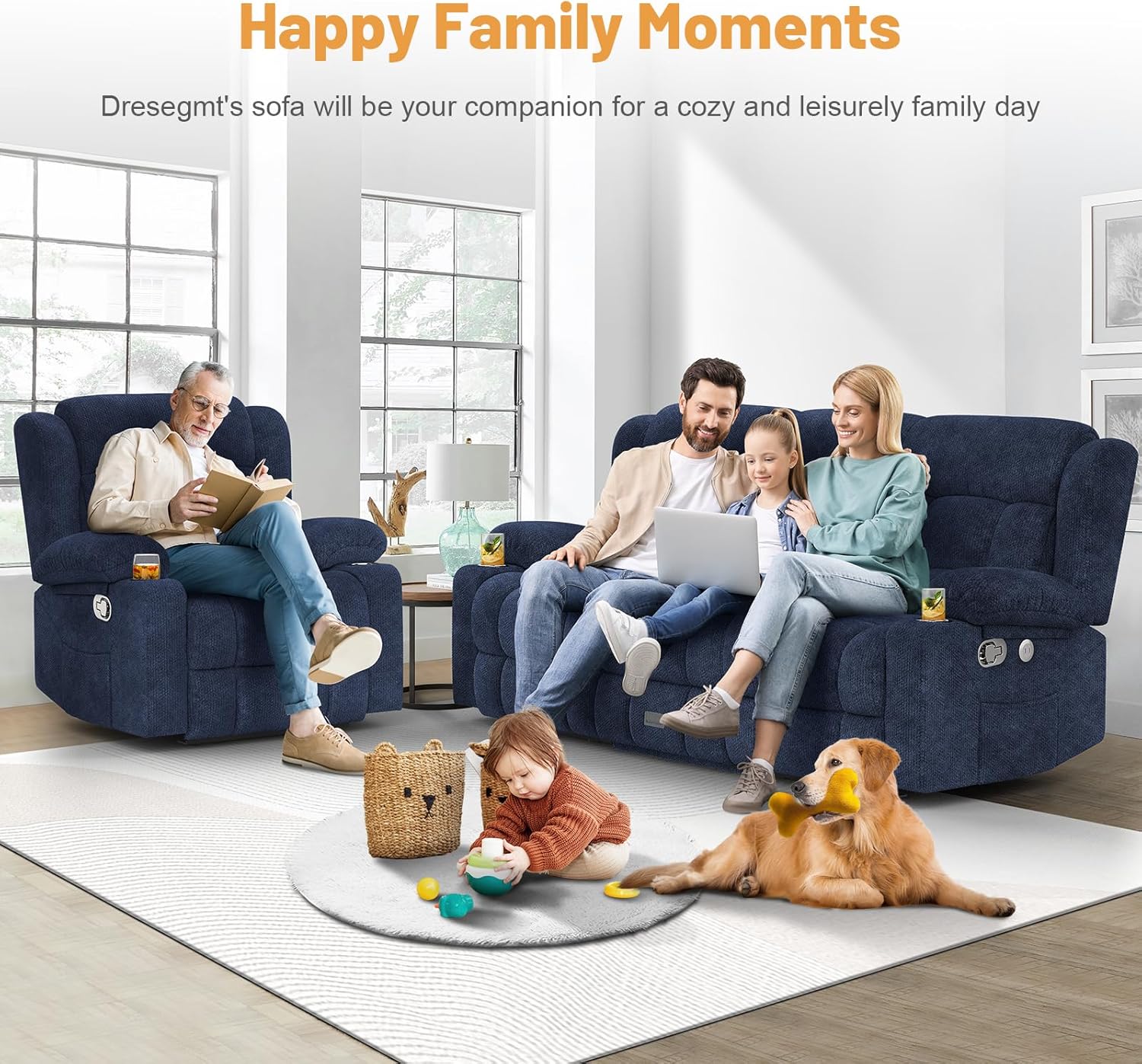 Dresegmt Loveseat Recliner Sofa 3 Seat Flip Backrest with Storage USB Cup Holders