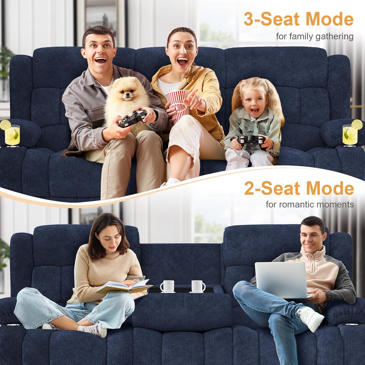 Dresegmt Loveseat Recliner Sofa 3 Seat Flip Backrest with Storage USB Cup Holders