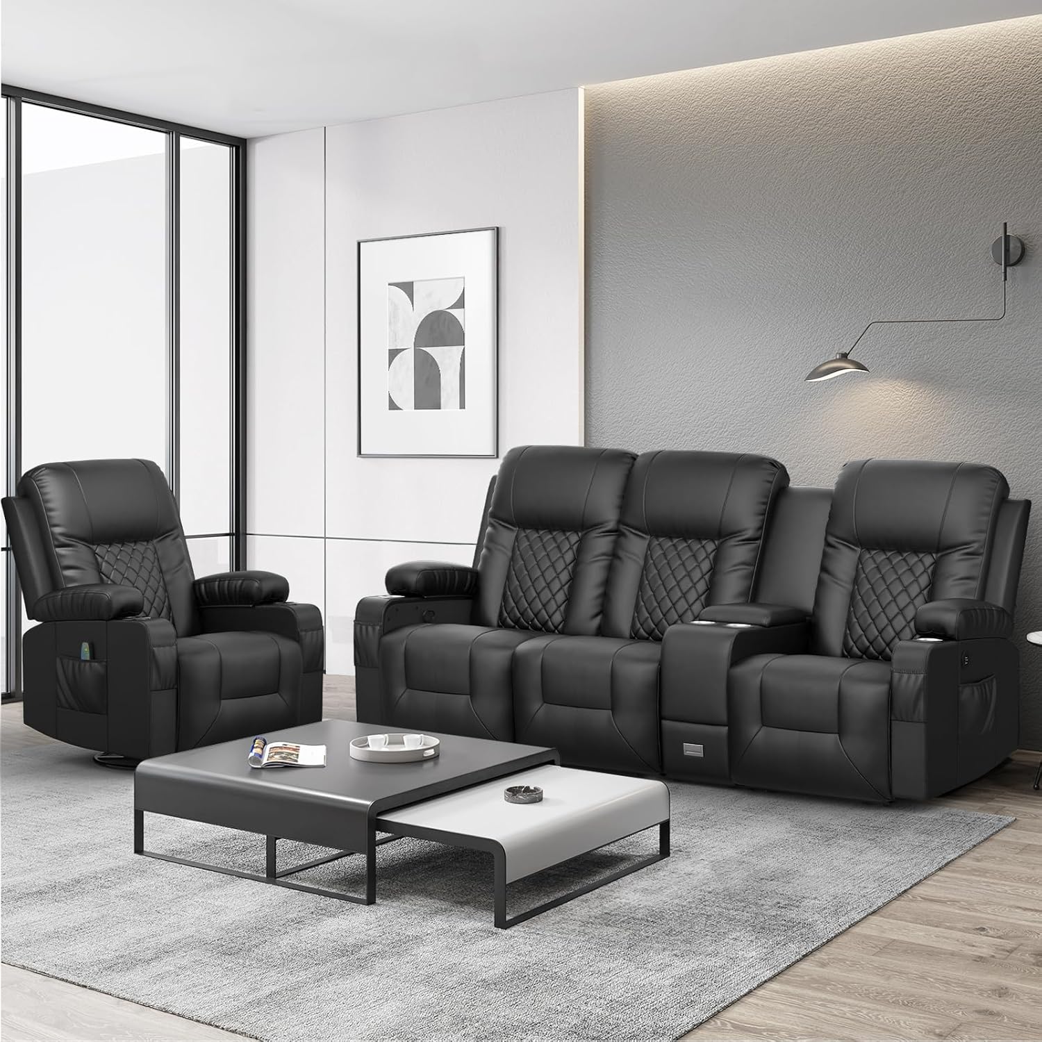 YONISEE 3 Seat Recliner Sofa with Storage Console USB Ports and Cup Holders