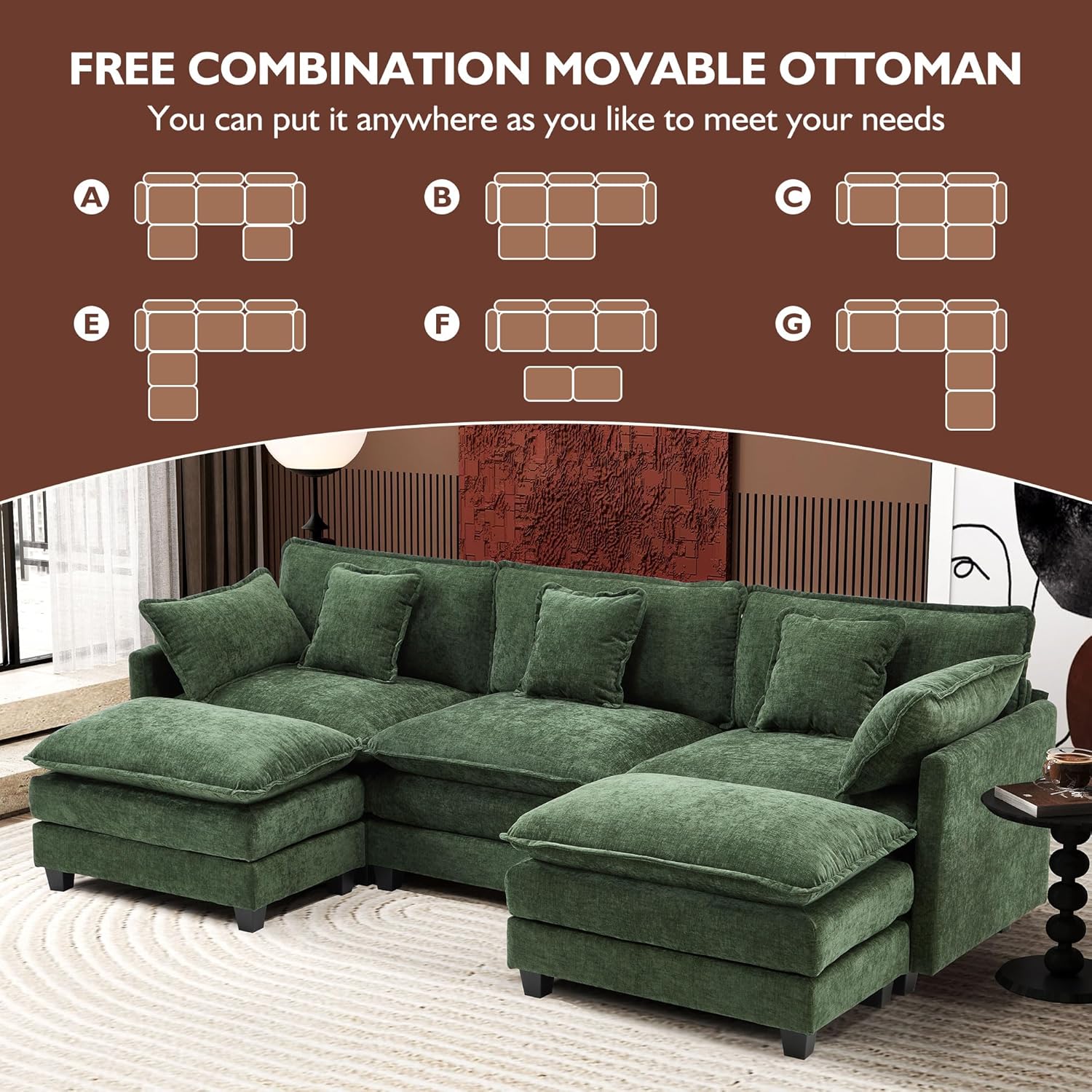 Ihanherry U Shaped Modular Cloud Sofa 5 Seat Chenille Sectional with Ottoman