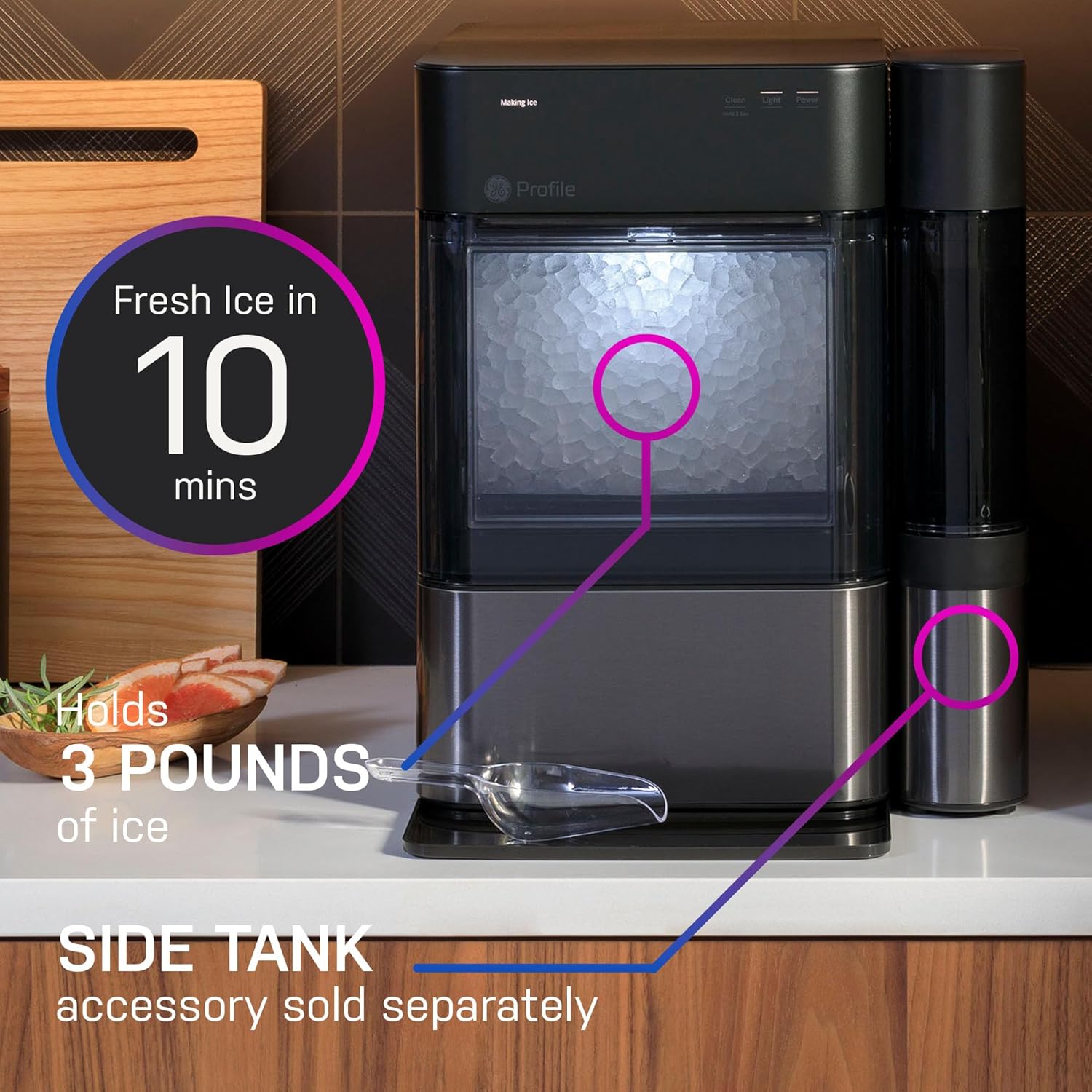 Profile Nugget Ice Maker Countertop 38lbs Smart WiFi Black Stainless Steel