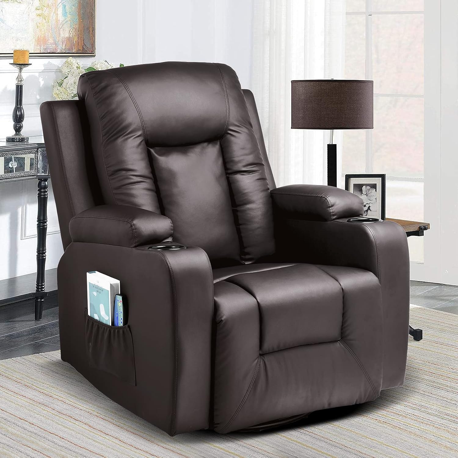 COMHOMA PU Leather Recliner Chair Heated Massage Swivel Rocker Brown