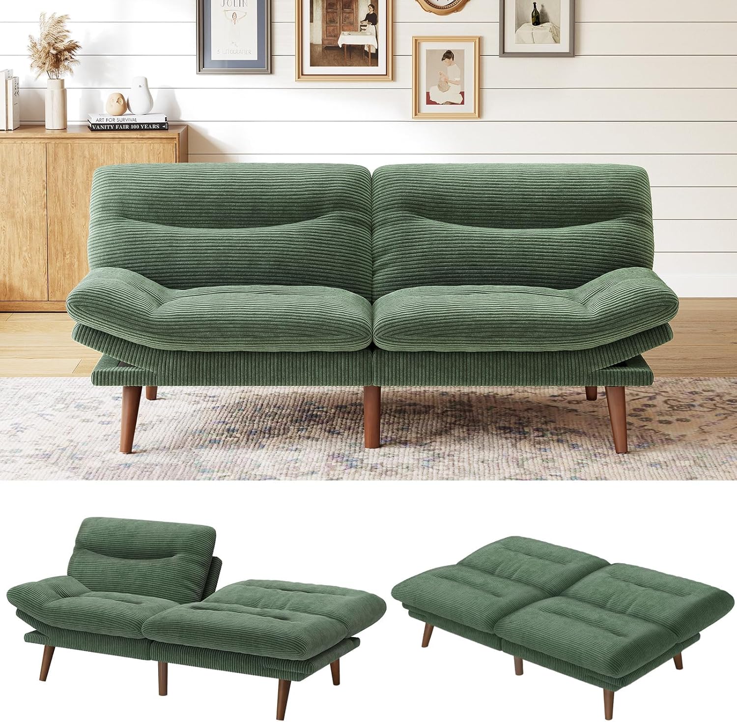 Marsail Futon Sofa Bed Convertible Corduroy Loveseat with Adjustable Backrest