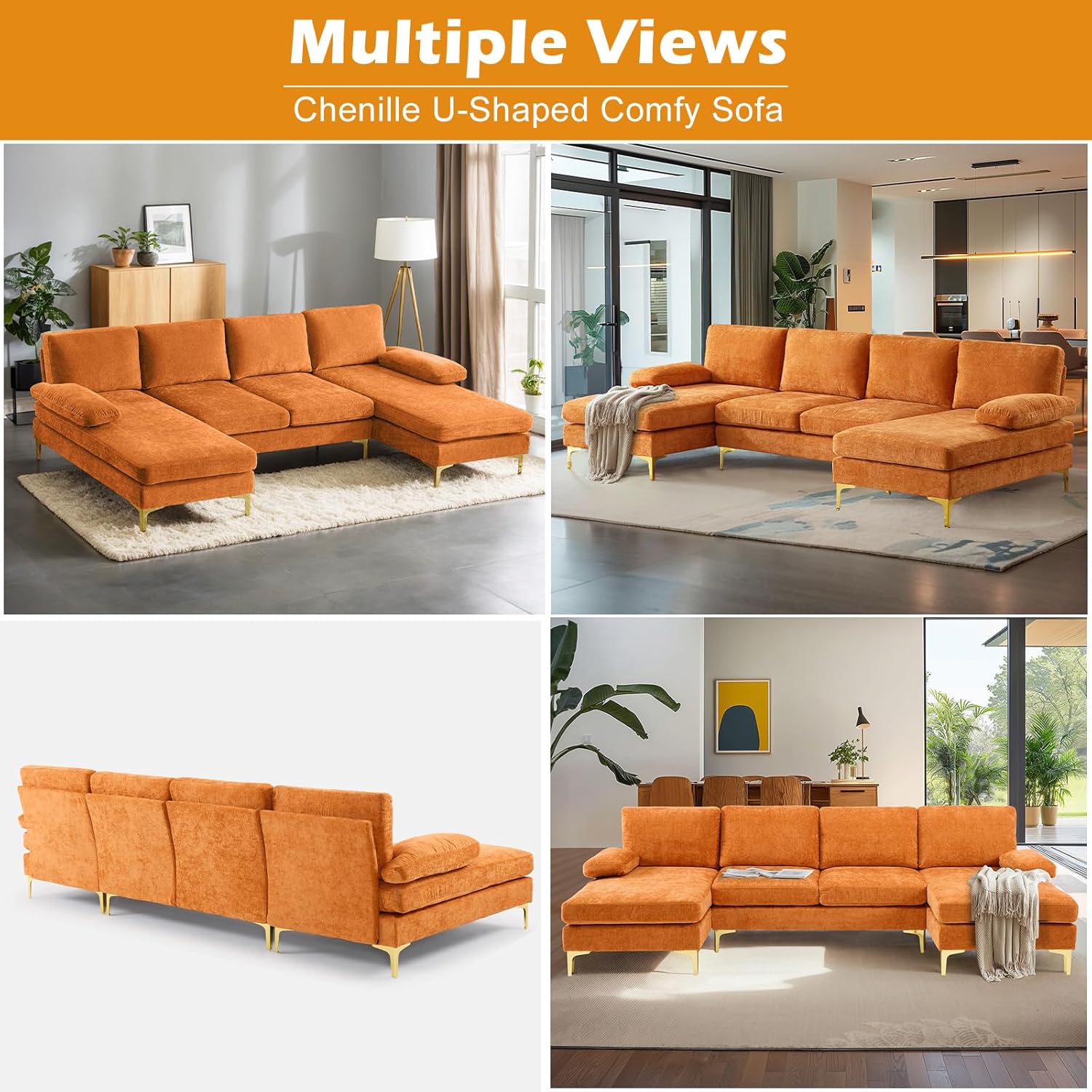 VINGLI 110 Sectional Couch U Shaped Sofa Set with Double Chaise Chenille Fabric