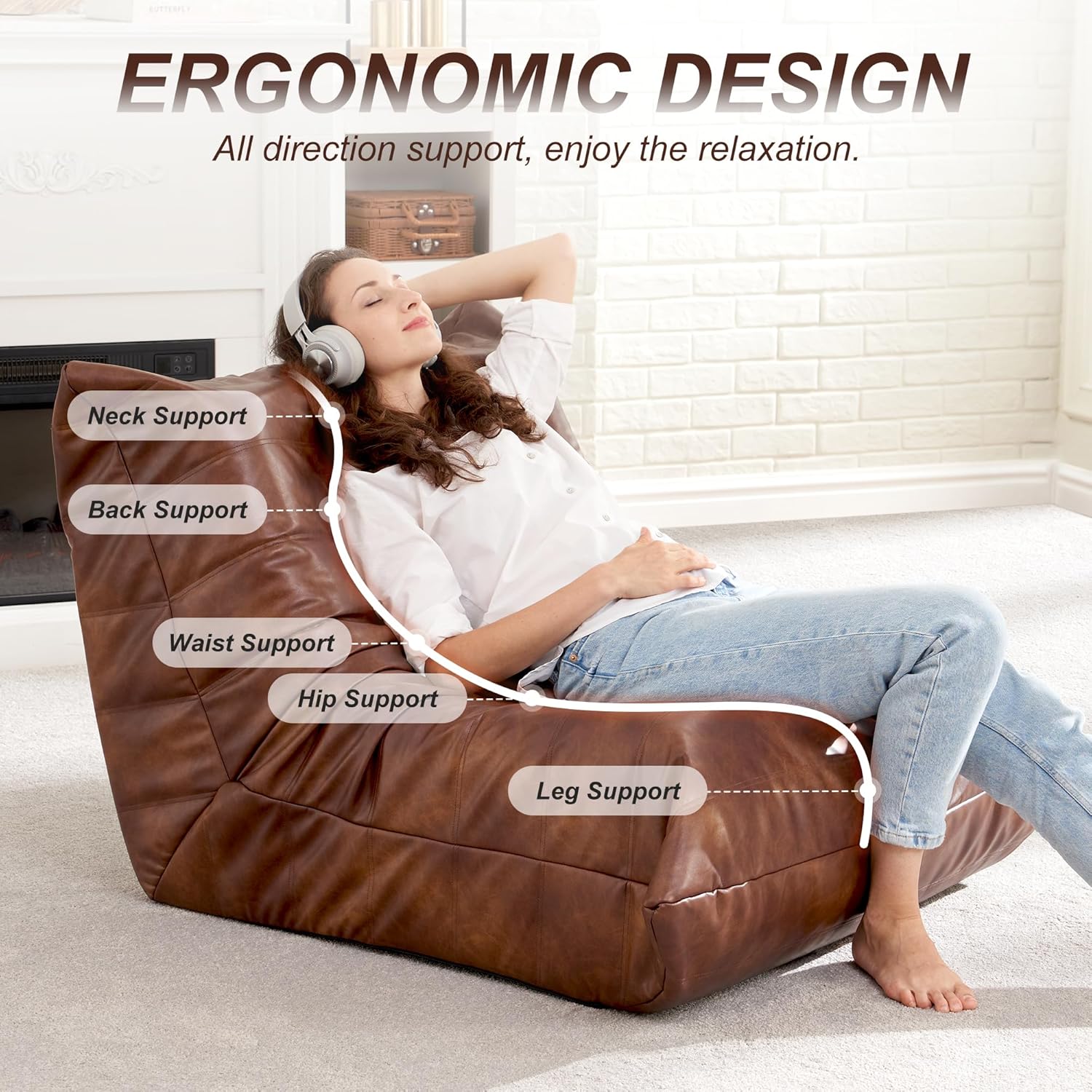 Hobestluk Giant Bean Bag Chair Memory Foam Faux Leather Floor Sofa for Adults