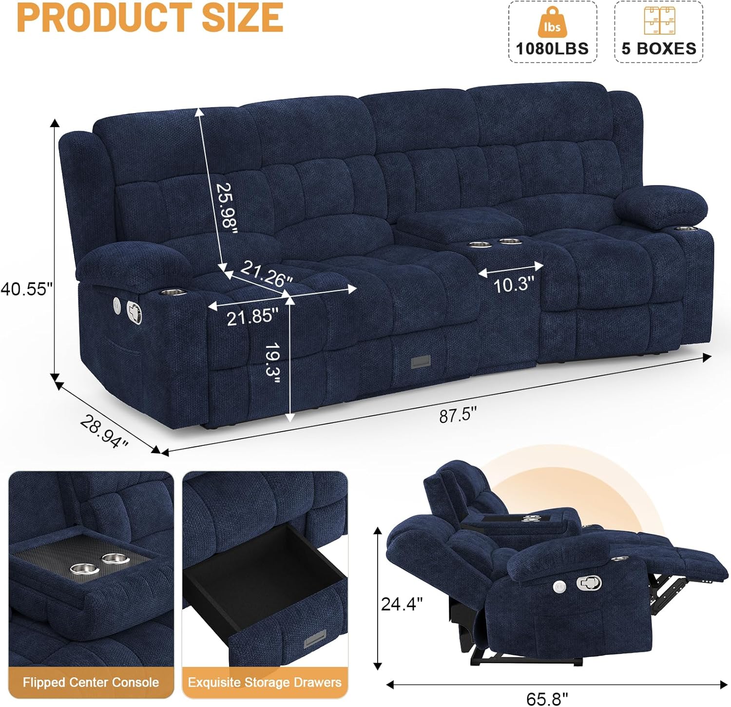 Dresegmt 3 Seat Loveseat Recliner Sofa Flip Middle Storage USB Ports Cup Holders