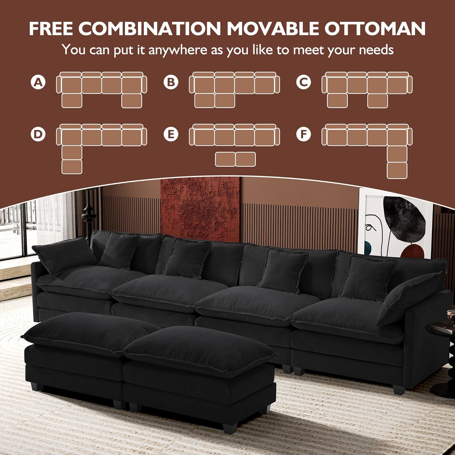 Ihanherry U Shaped Modular Cloud Sofa 5 Seat Chenille Sectional with Ottoman