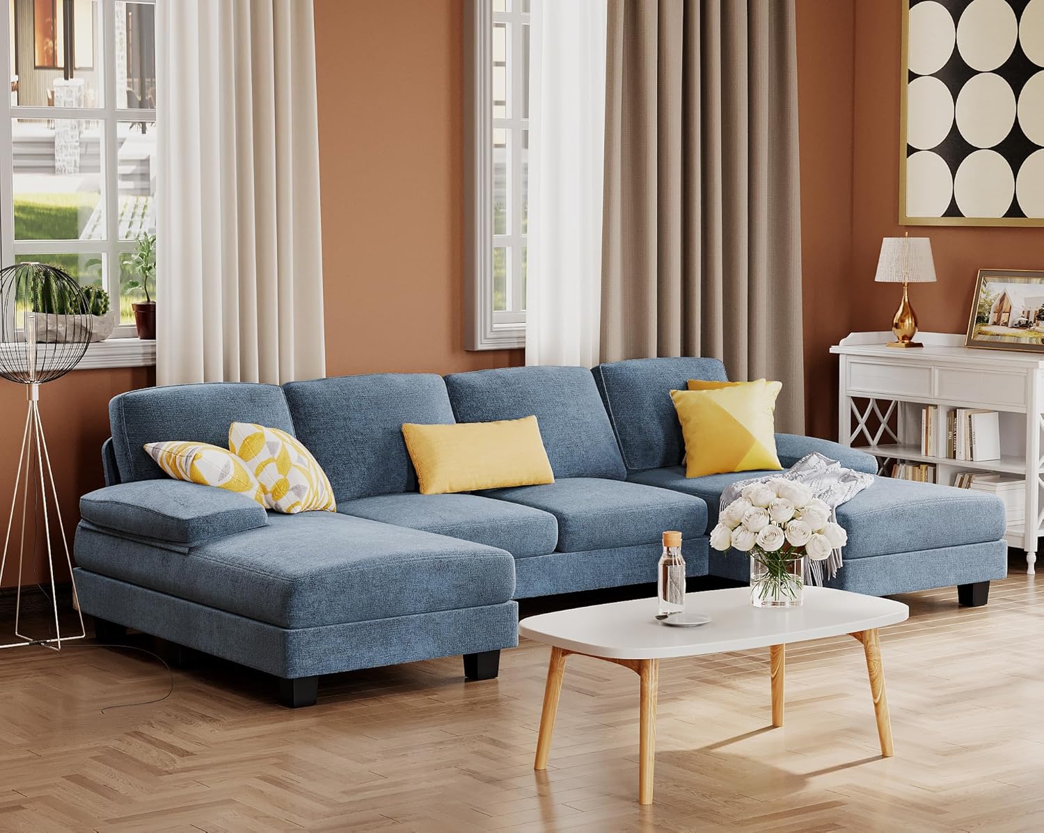Furmax U-Shaped Sectional Sofa Couch 4 Seat Linen Fabric Double Chaise