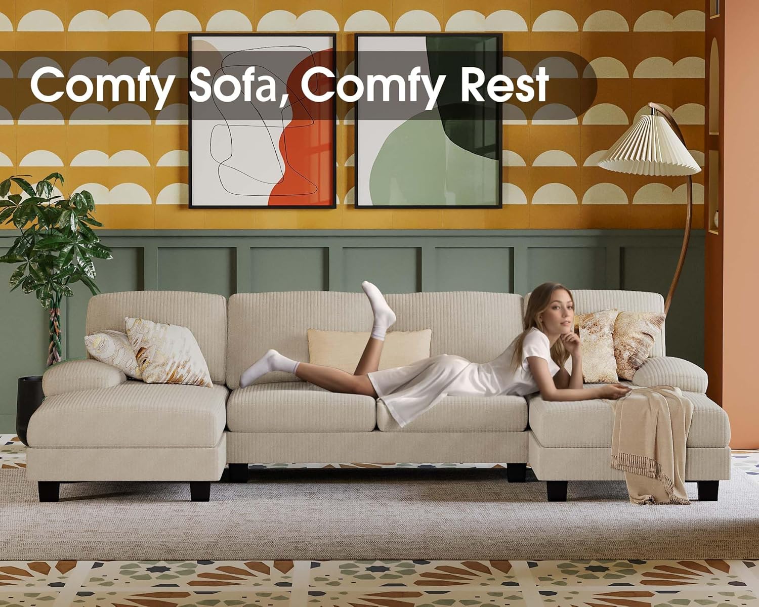 Furmax U-Shaped Sectional Sofa Couch 4 Seat Linen Fabric Double Chaise