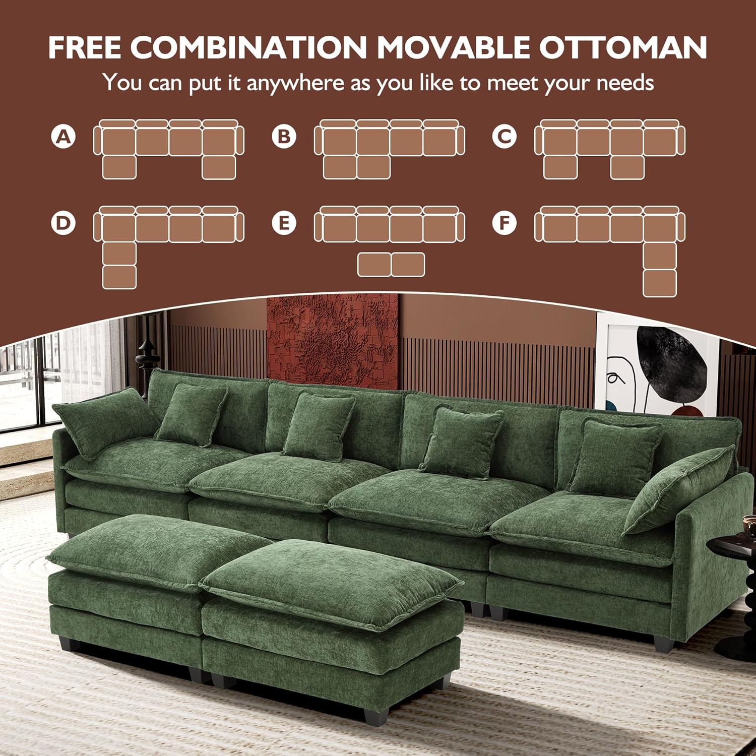 Ihanherry U Shaped Modular Cloud Sofa 5 Seat Chenille Sectional with Ottoman