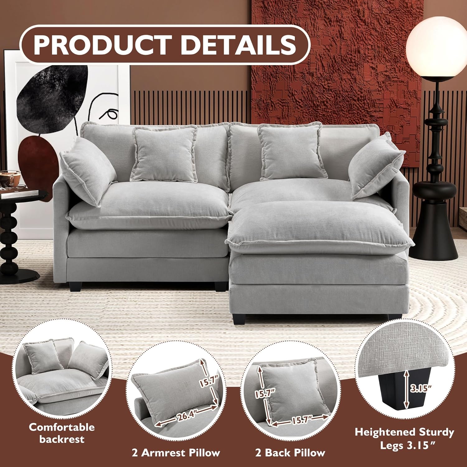 Ihanherry U Shaped Modular Cloud Sofa 5 Seat Chenille Sectional with Ottoman