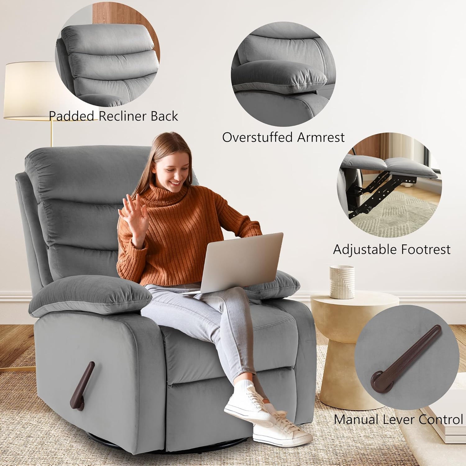 GNMLP2020 Swivel Rocker Recliner Chair Manual Small Space Nursery Living Room