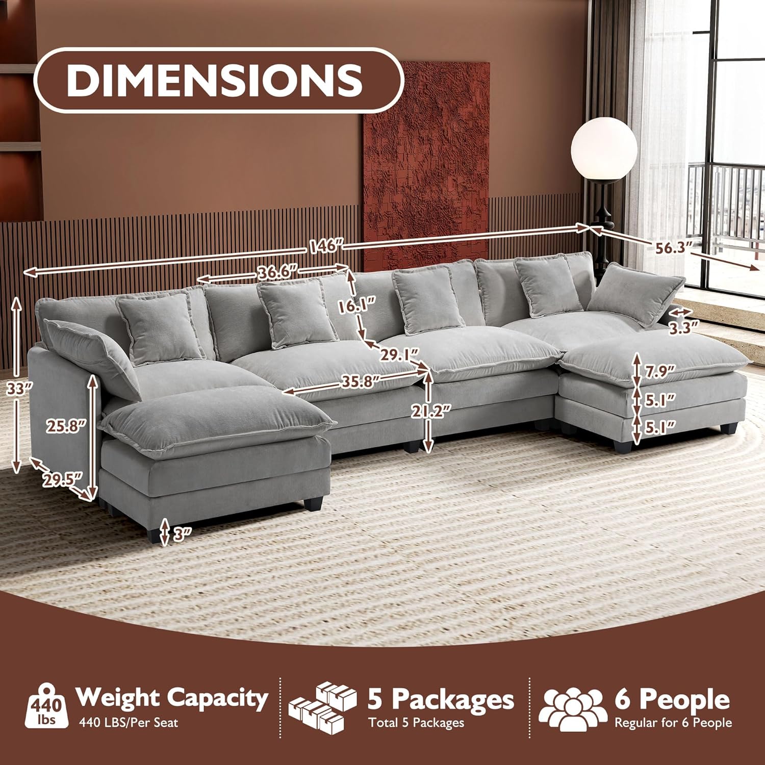 Ihanherry U Shaped Modular Sectional Sofa 5 Seat with 2 Ottomans Chenille