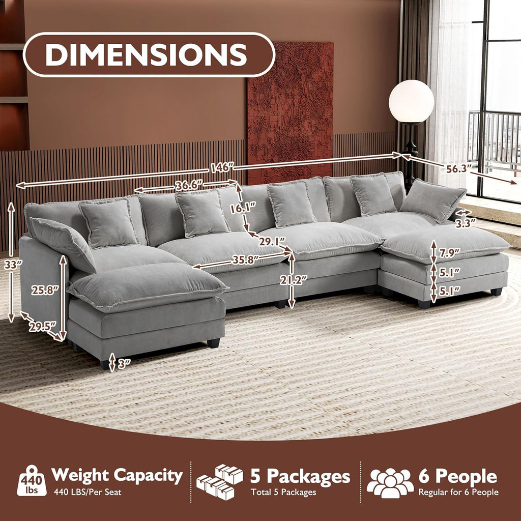Ihanherry U Shaped Modular Cloud Sofa 5 Seat Chenille Sectional with Ottoman