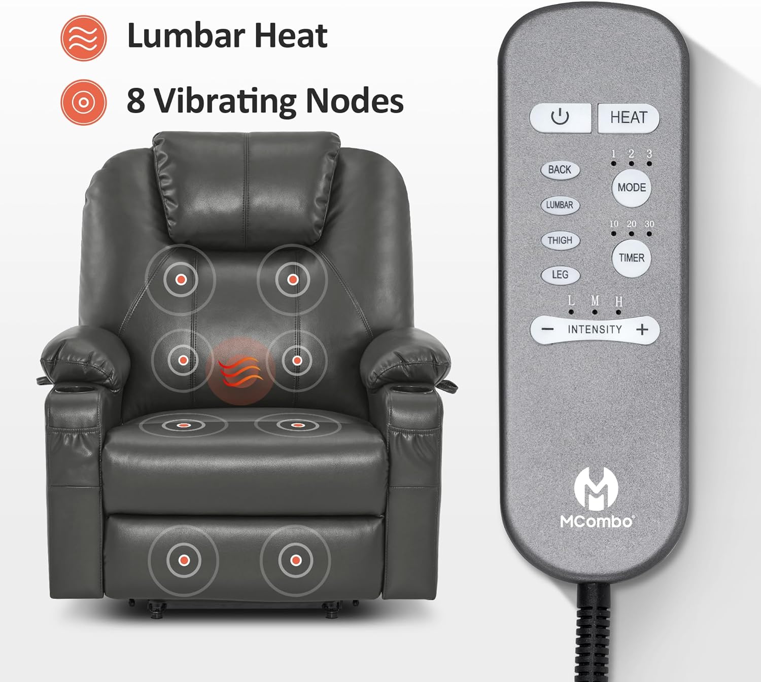 MCombo Electric Power Lift Recliner Massage Heat Chair for Elderly 3 Positions 2 Pockets USB