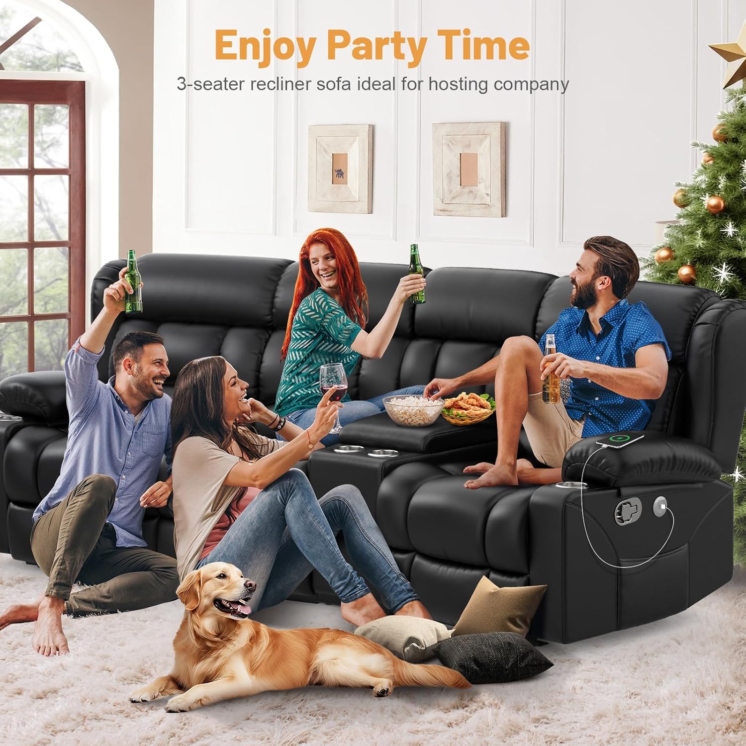 Dresegmt Loveseat Recliner Sofa 3 Seat Flip Backrest with Storage USB Cup Holders