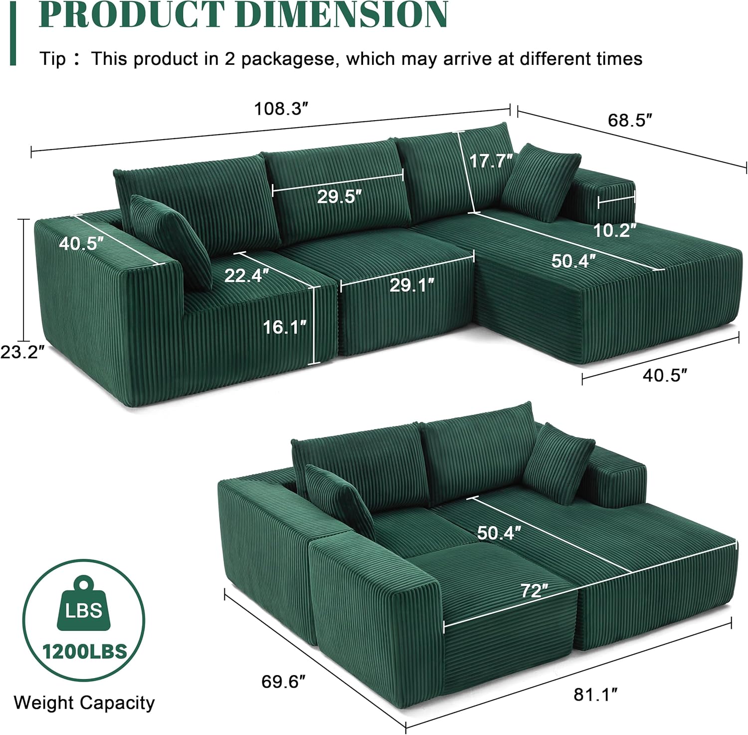 Weture 108" Modular Sectional Sofa Deep Seat Cloud L-Shape Couch with Chaise